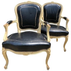 Stunning Pair of 19th Century Leather Embossed French Louis XVI Fauteuils