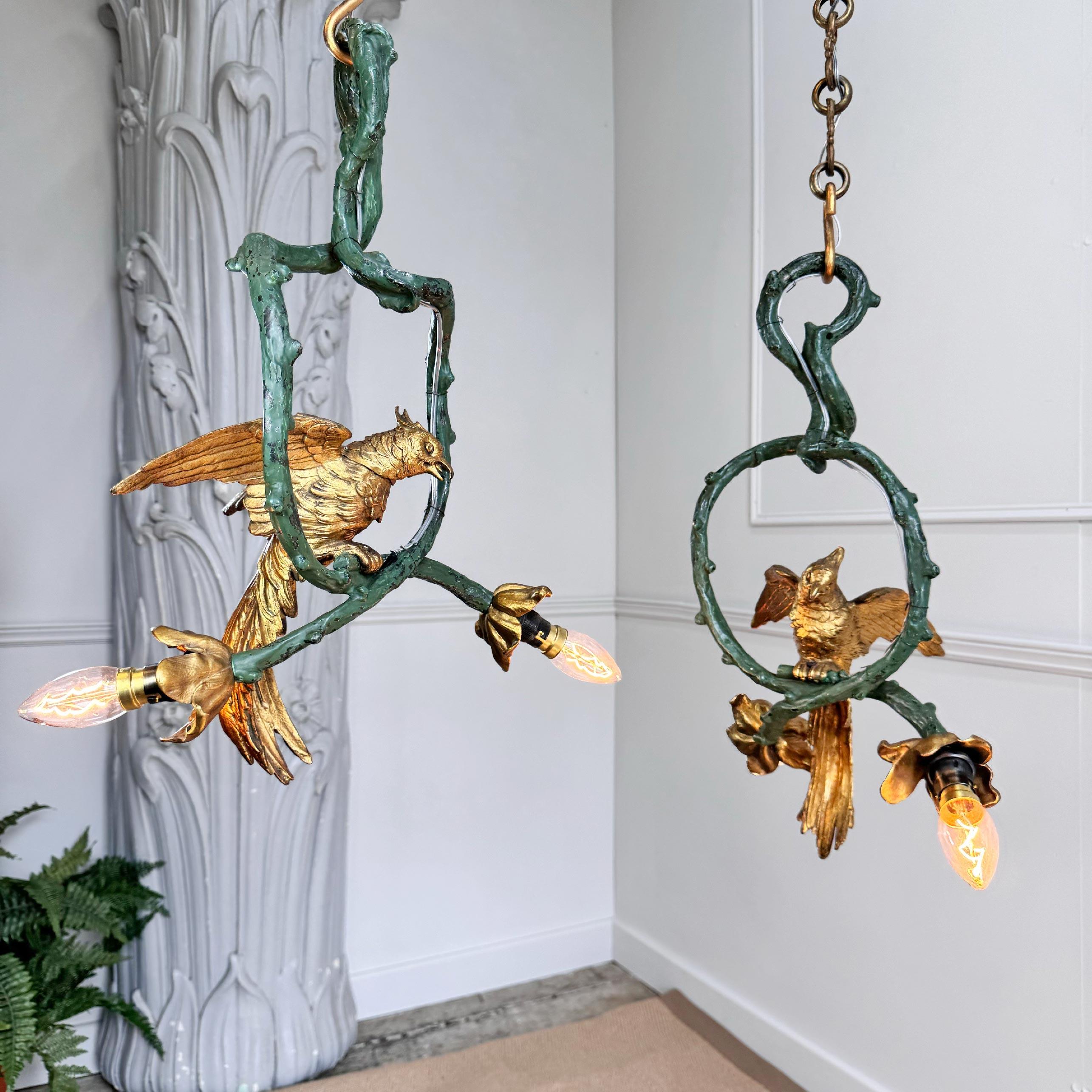 Stunning Pair of 19th Century Painted Bronze Cockatoo Chandeliers 3