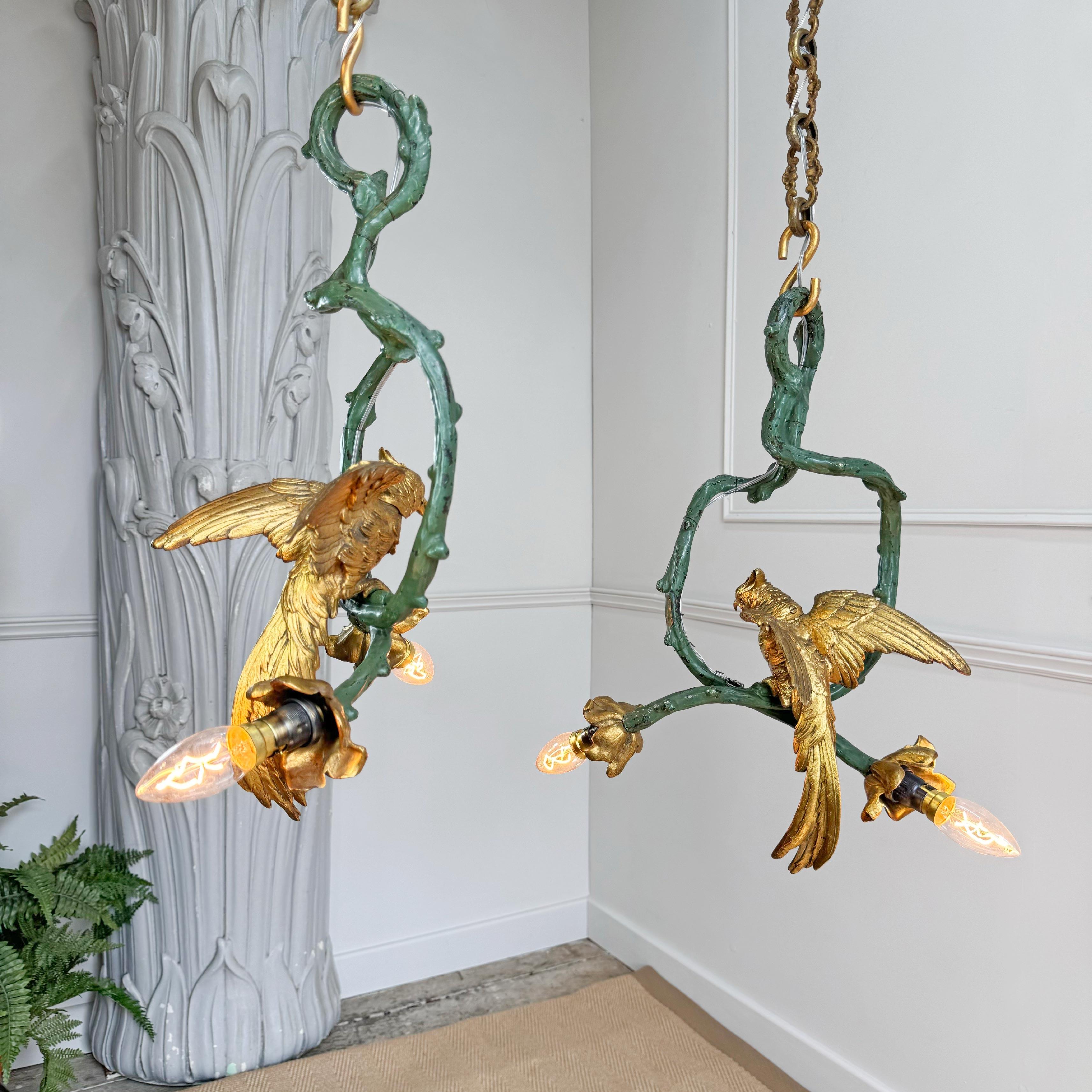 Stunning Pair of 19th Century Painted Bronze Cockatoo Chandeliers 5