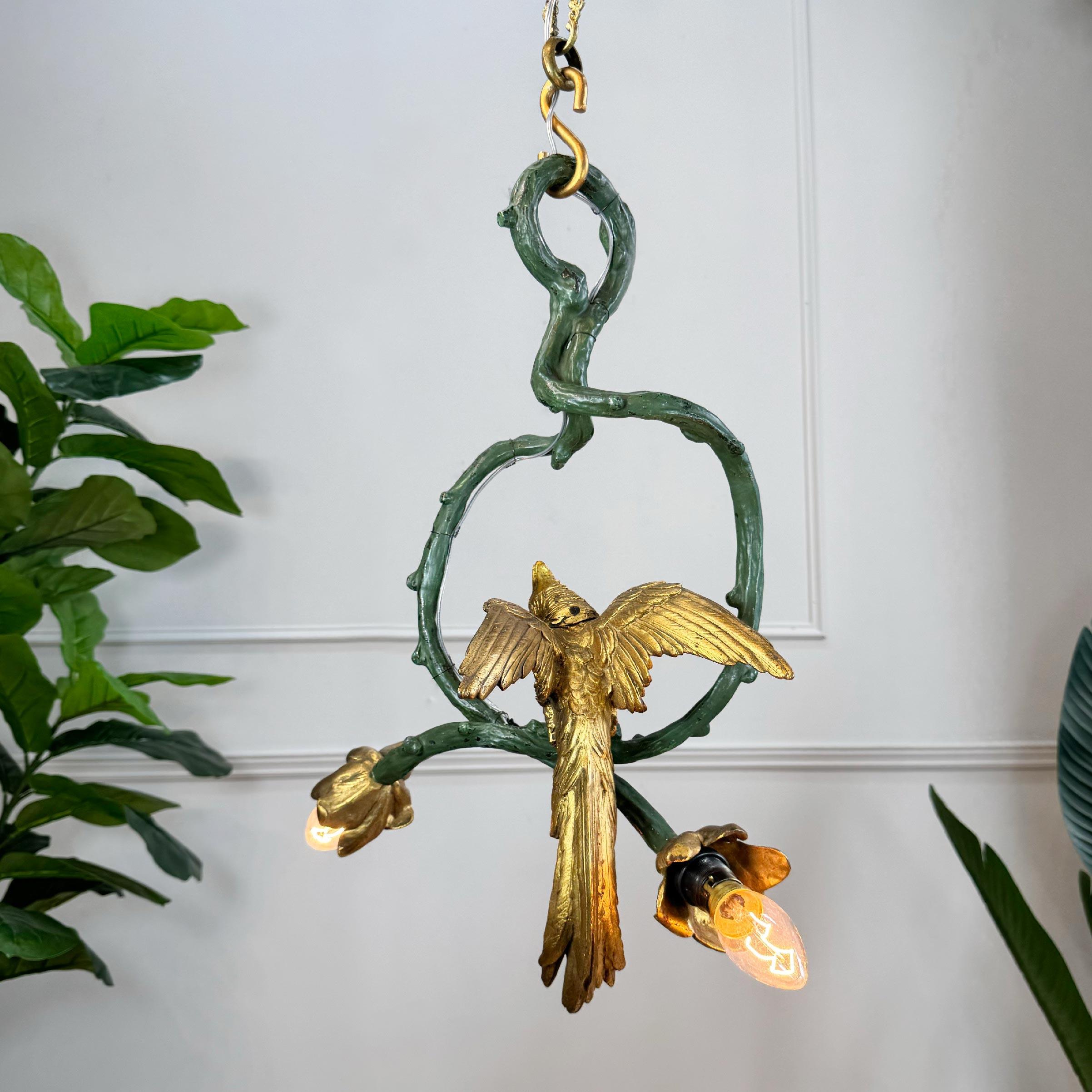 Stunning Pair of 19th Century Painted Bronze Cockatoo Chandeliers 7