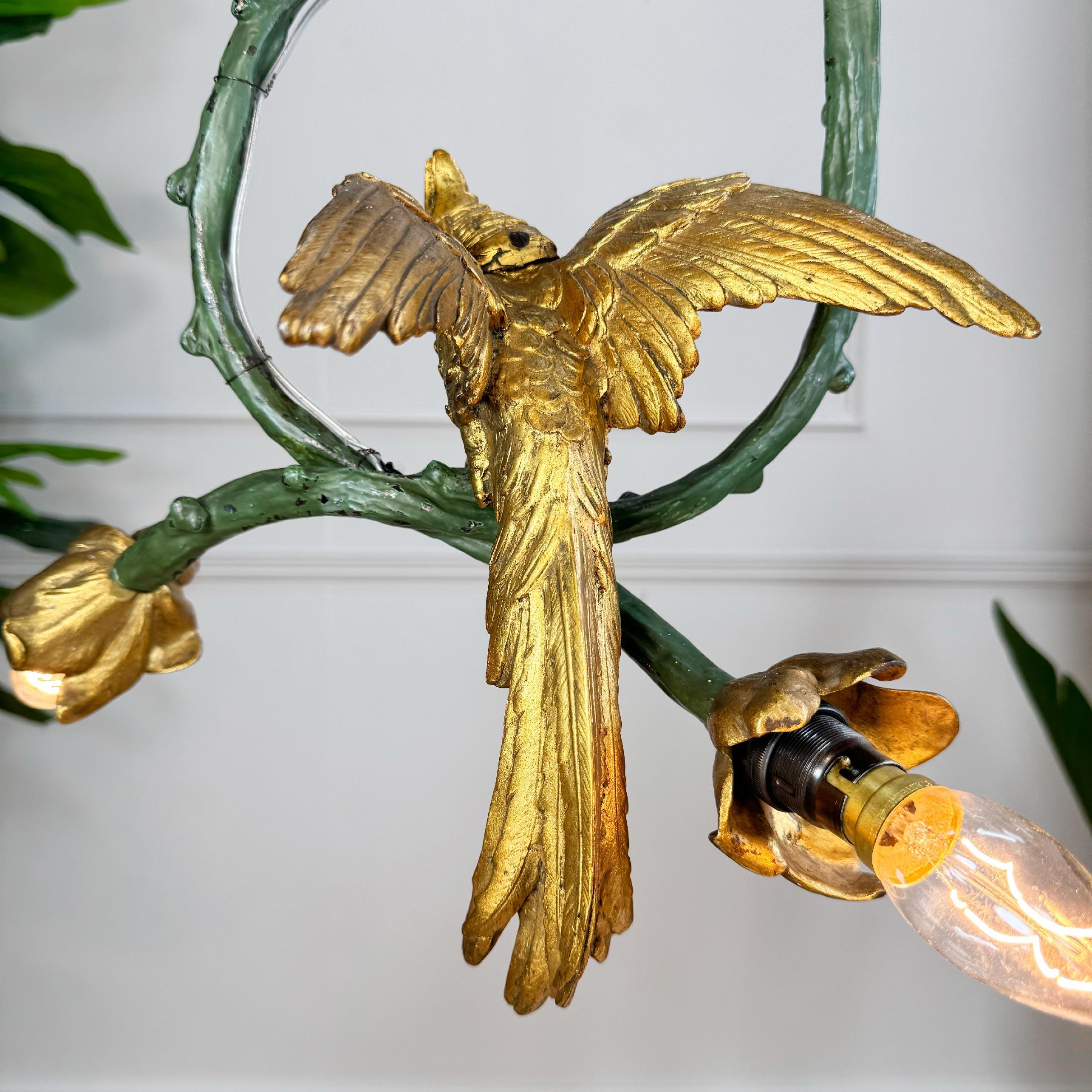 Stunning Pair of 19th Century Painted Bronze Cockatoo Chandeliers 9
