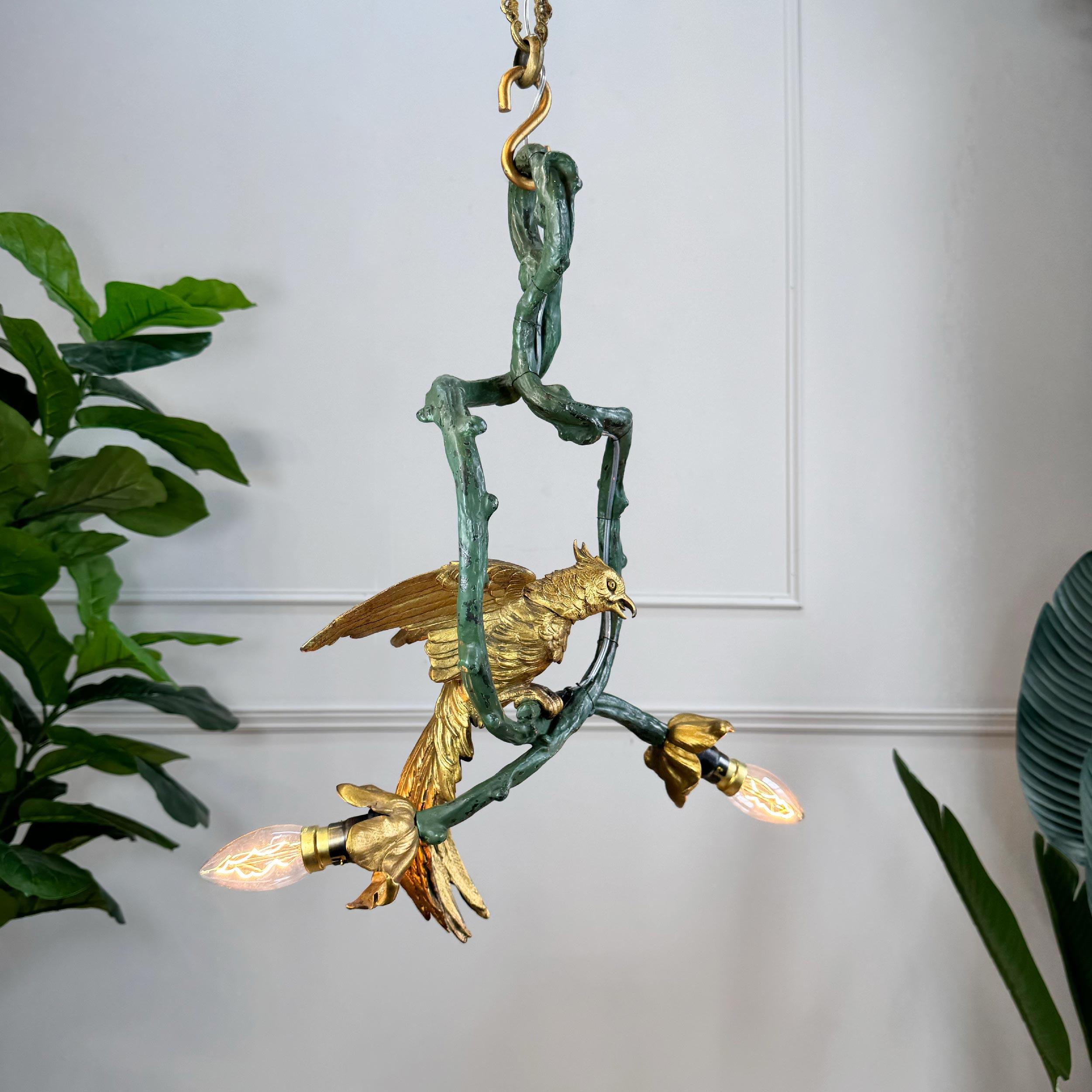 Stunning Pair of 19th Century Painted Bronze Cockatoo Chandeliers 10