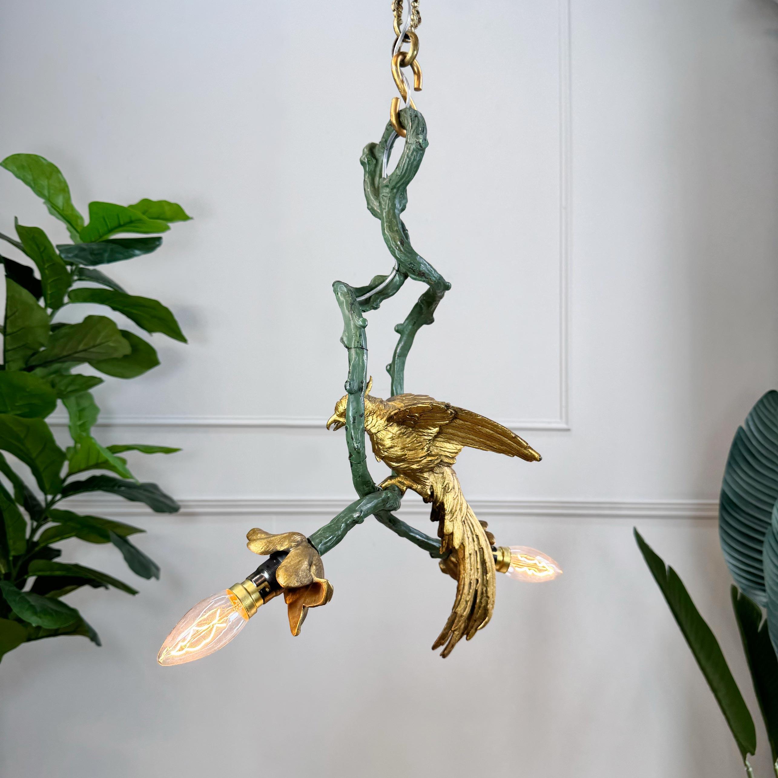 Stunning Pair of 19th Century Painted Bronze Cockatoo Chandeliers 11