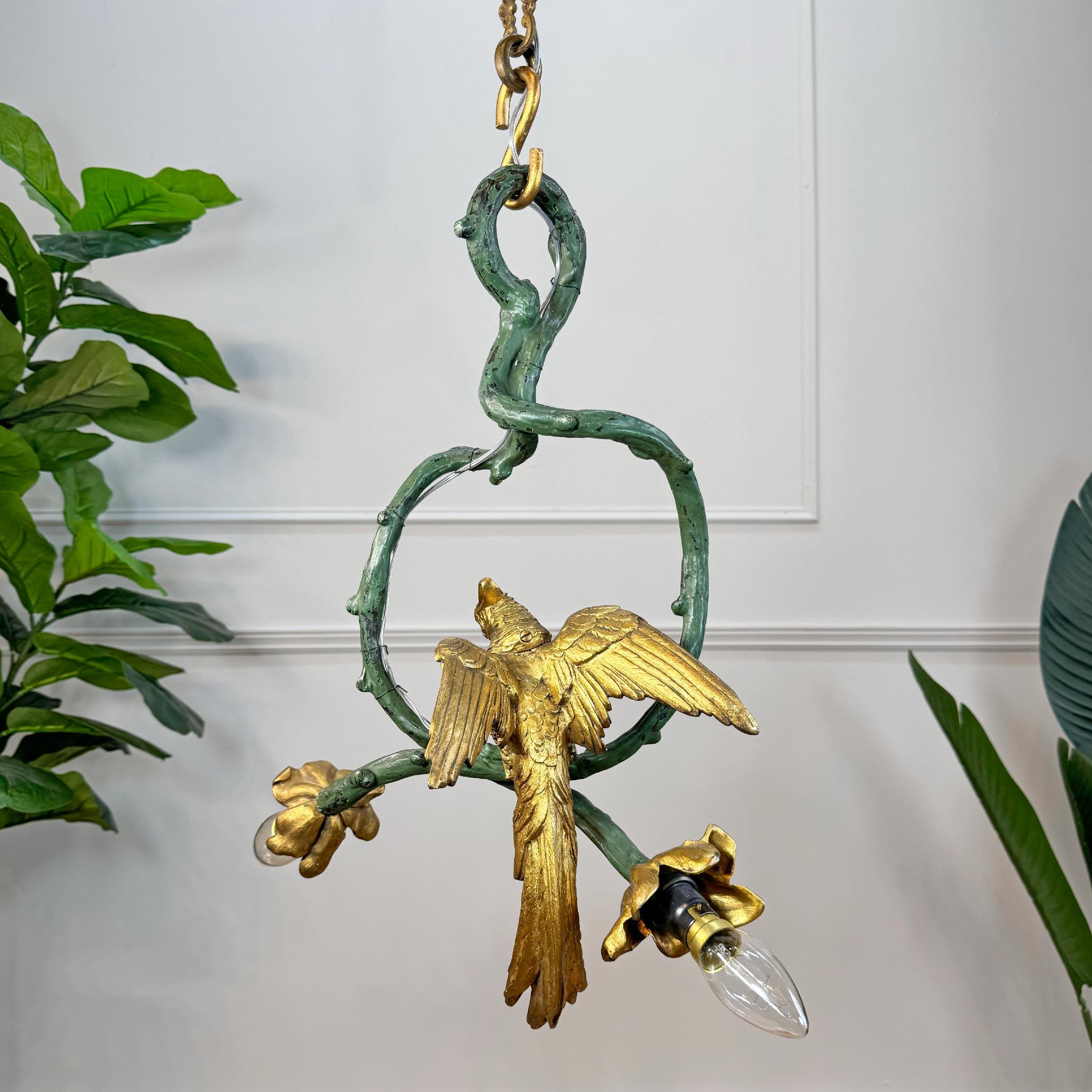 Stunning Pair of 19th Century Painted Bronze Cockatoo Chandeliers 12