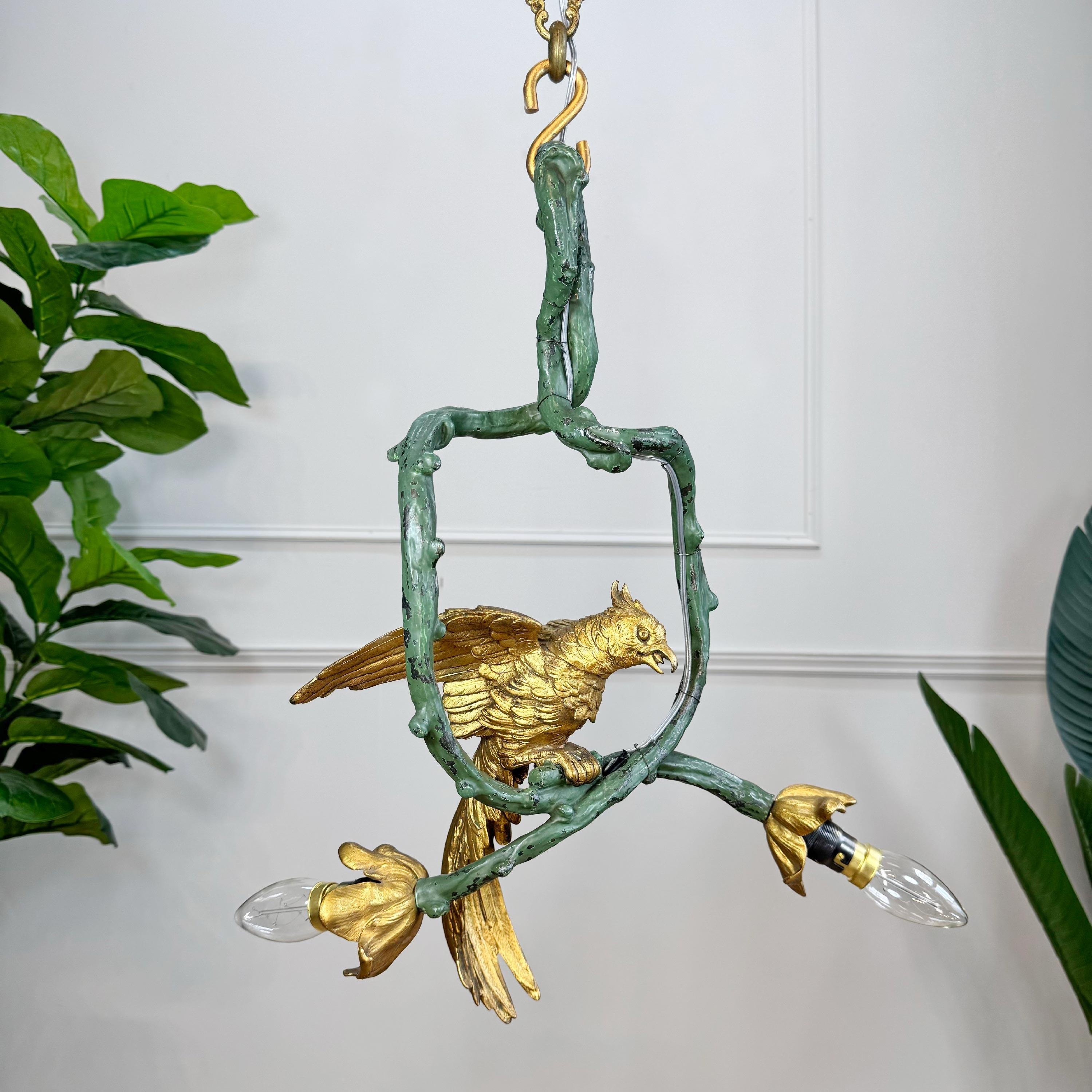 Art Nouveau Stunning Pair of 19th Century Painted Bronze Cockatoo Chandeliers