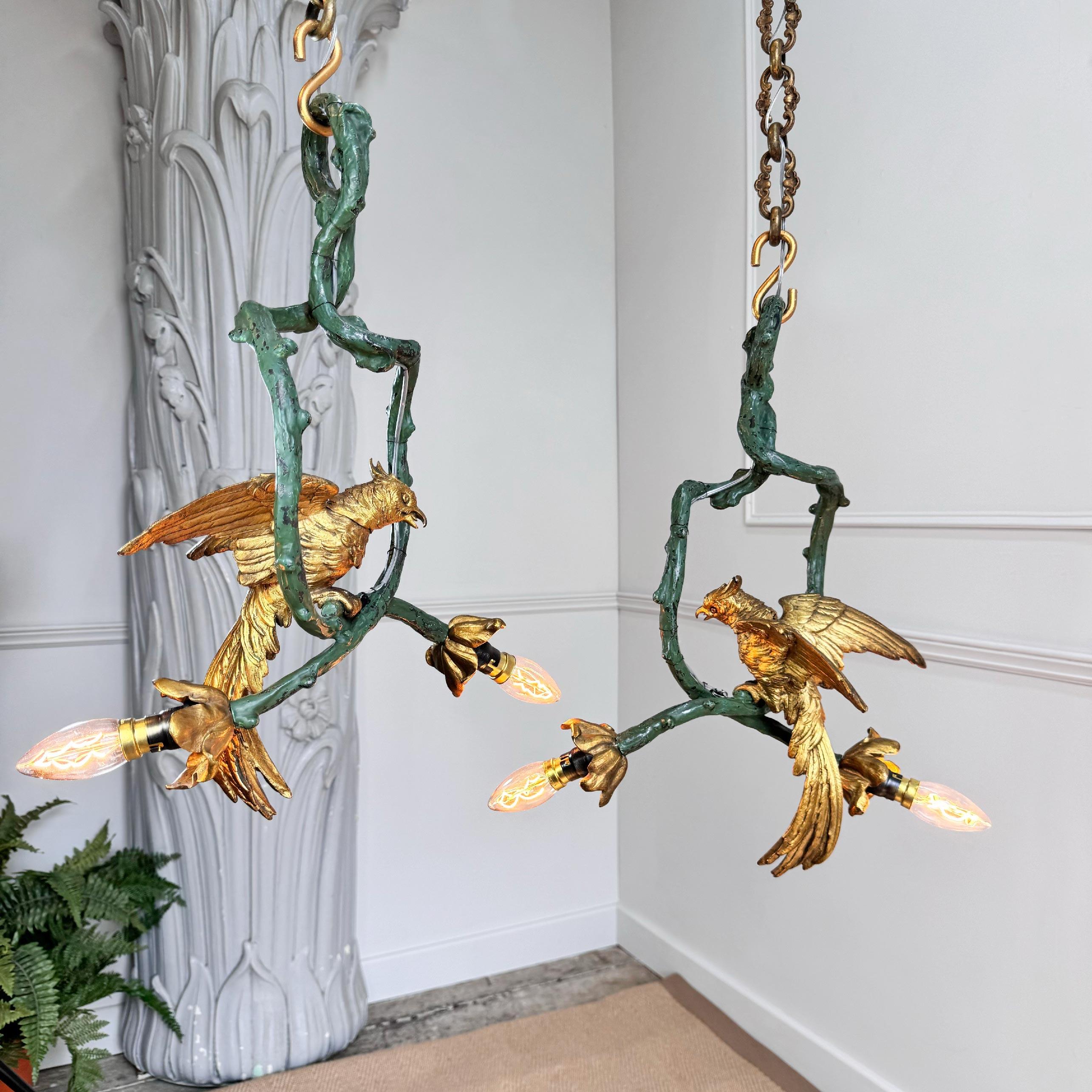 French Stunning Pair of 19th Century Painted Bronze Cockatoo Chandeliers