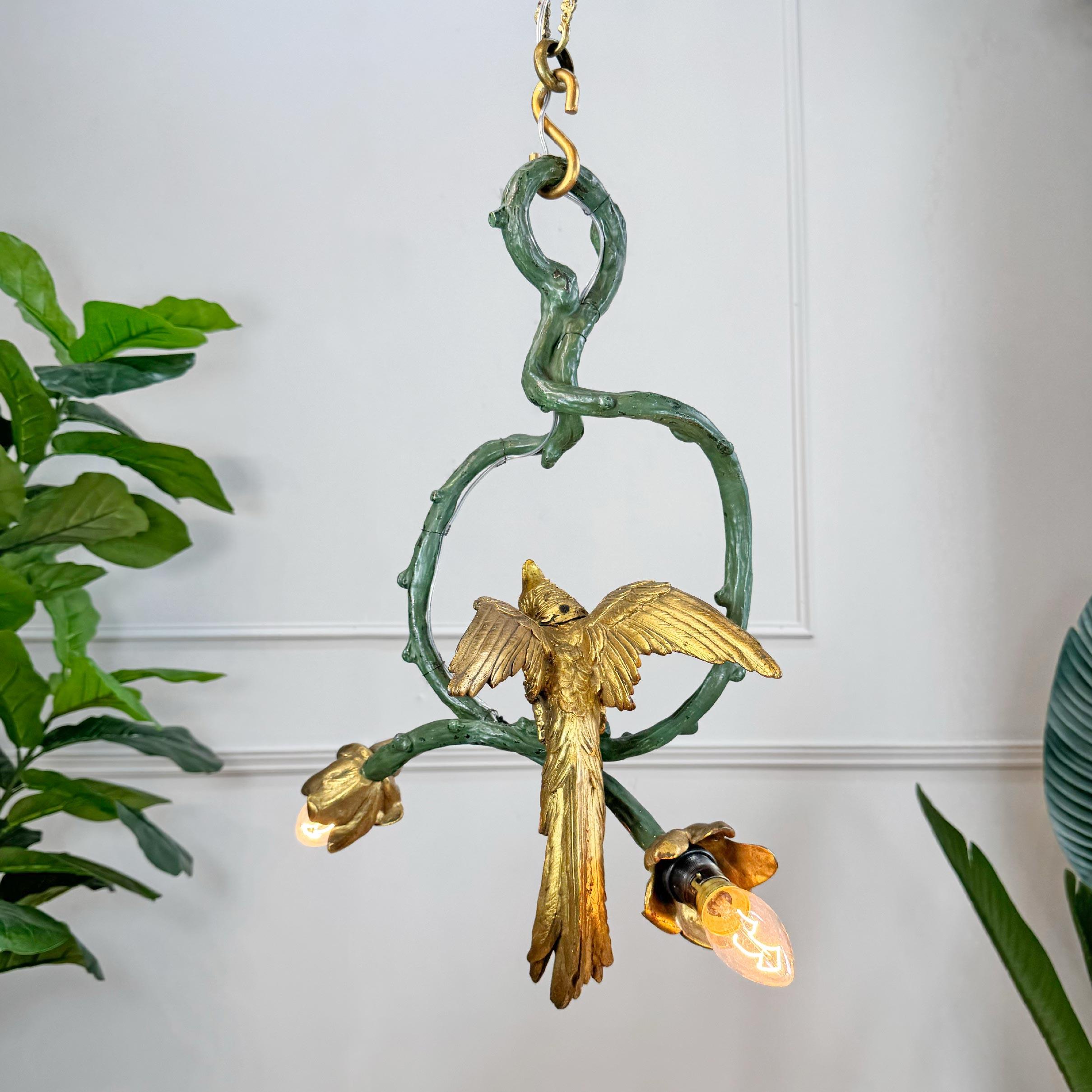 Late 19th Century Stunning Pair of 19th Century Painted Bronze Cockatoo Chandeliers