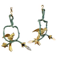 Antique Stunning Pair of 19th Century Painted Bronze Cockatoo Chandeliers
