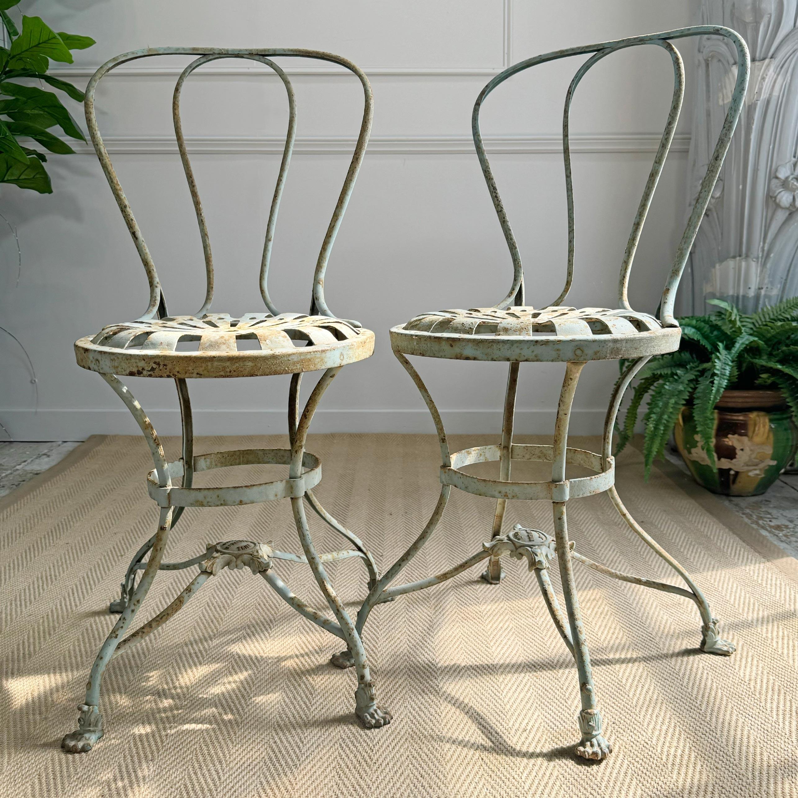 French Stunning Pair of 19th Century Usine Saint Saveur Arras Chairs in Duck Egg Paint For Sale
