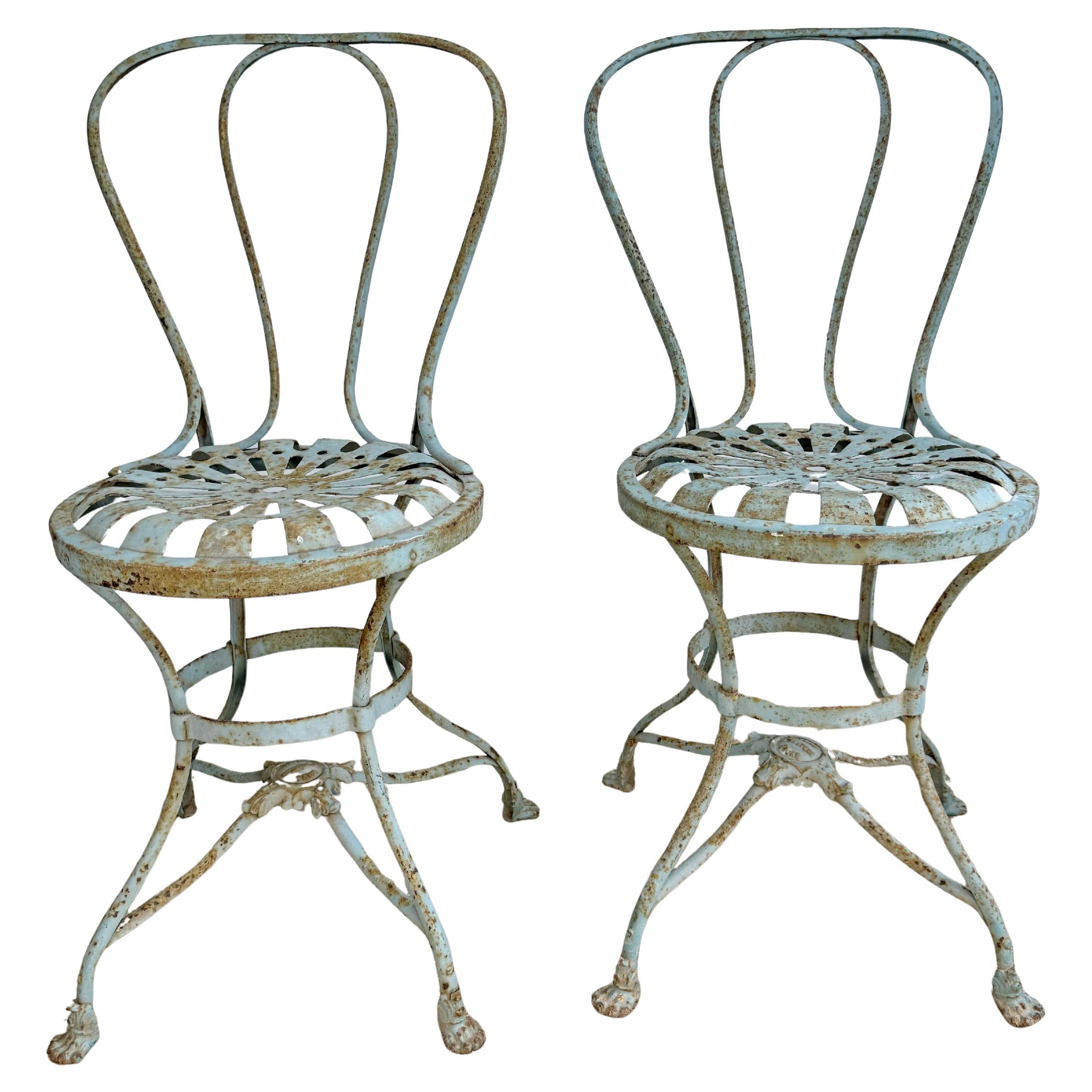 Stunning Pair of 19th Century Usine Saint Saveur Arras Chairs in Duck Egg Paint For Sale