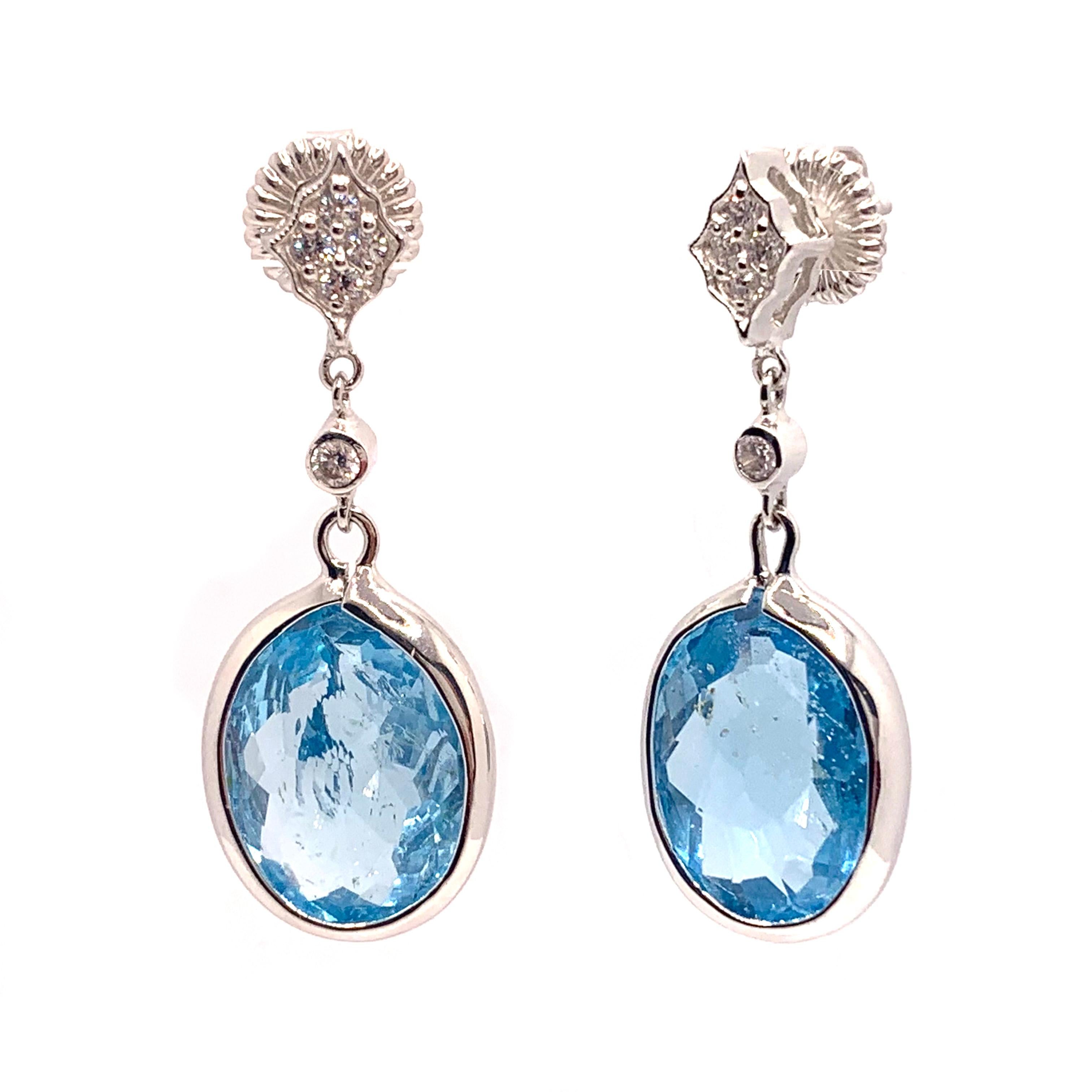 The stunning earrings feature a pair of large 37 carat multi-facet genuine blue topaz, adorned with round white zircon (genuine stones), hand bezel-set in platinum rhodium plated over sterling silver. Straight post with large friction earring back