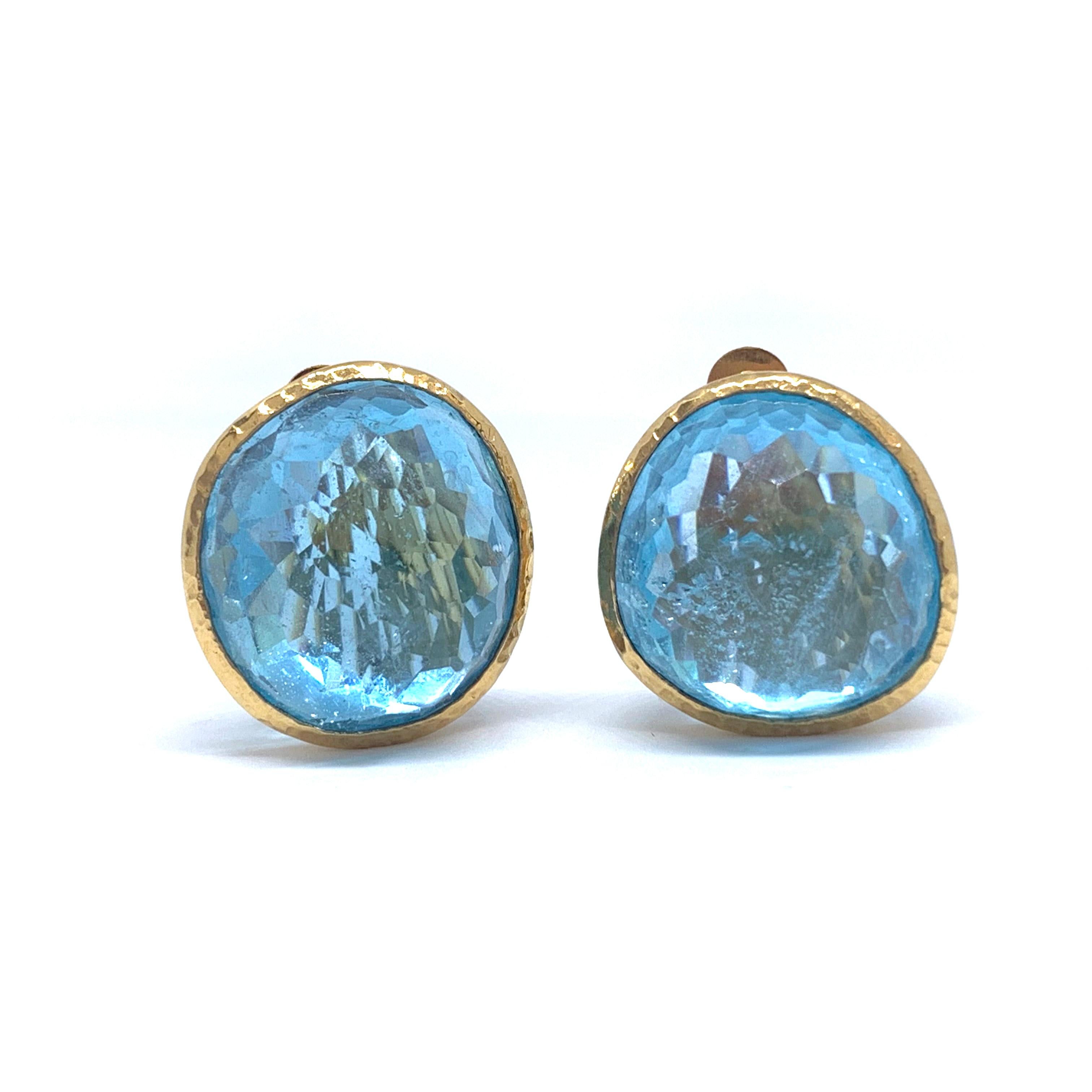 The stunning earrings feature a pair of large 63 carat multi-facet dome-shape genuine blue topaz, hand bezel-set in 18k gold vermeil over sterling silver. Large and comfortable clip backing with rubber jacket for additional support allowing the