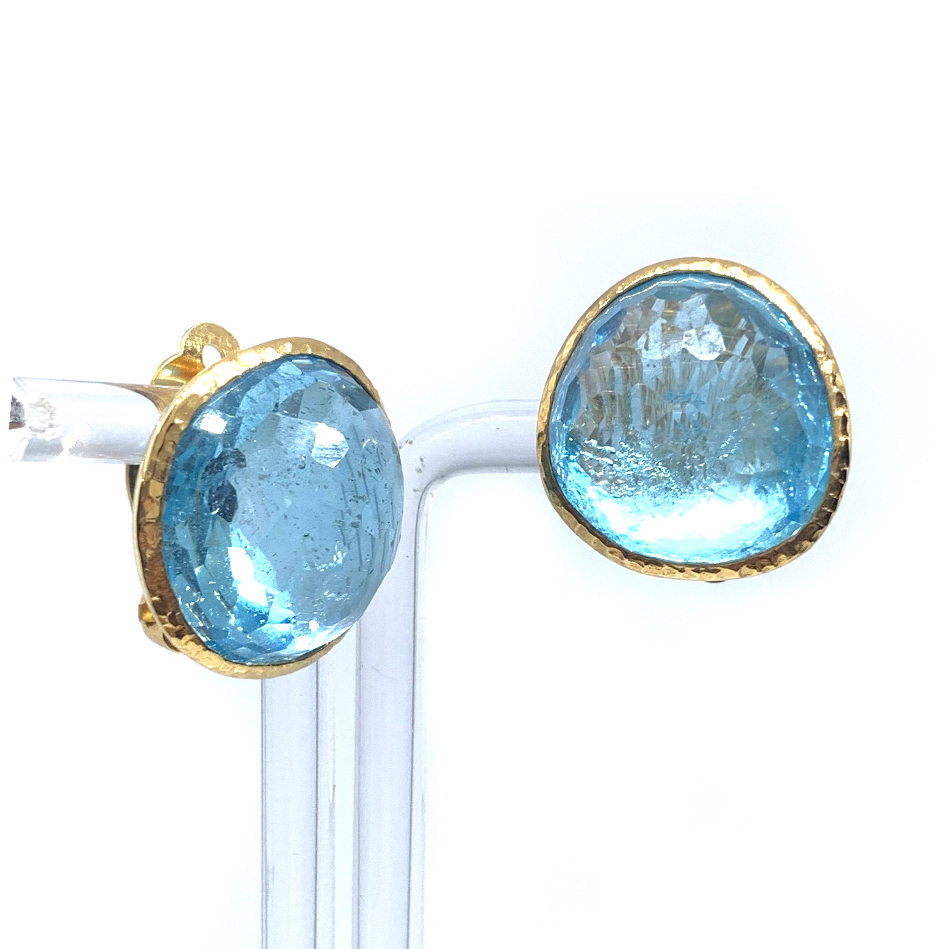 Rose Cut Stunning pair of 63ct Genuine Blue Topaz Button Clip on Vermeil Earrings