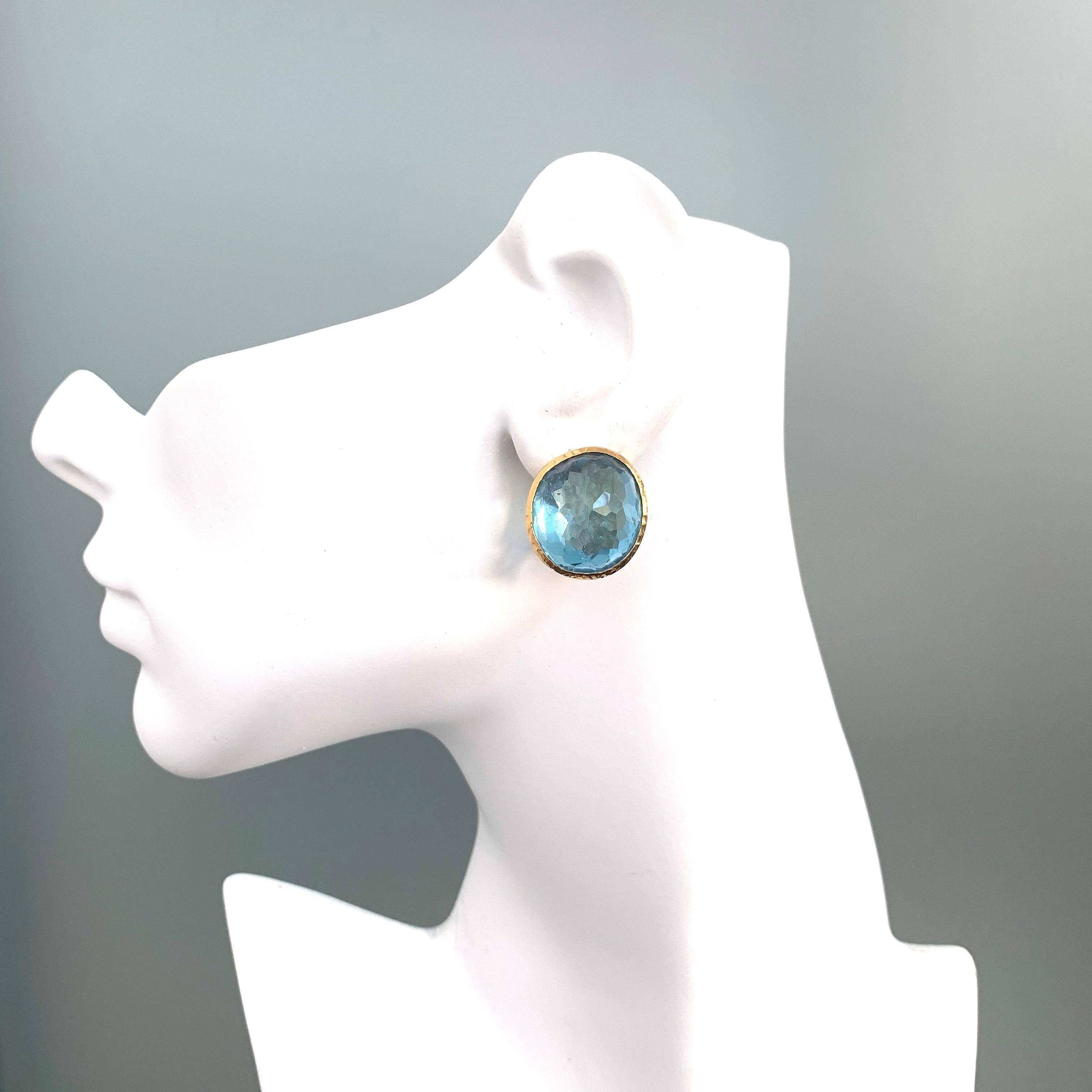 Stunning pair of 63ct Genuine Blue Topaz Button Clip on Vermeil Earrings In New Condition In Los Angeles, CA