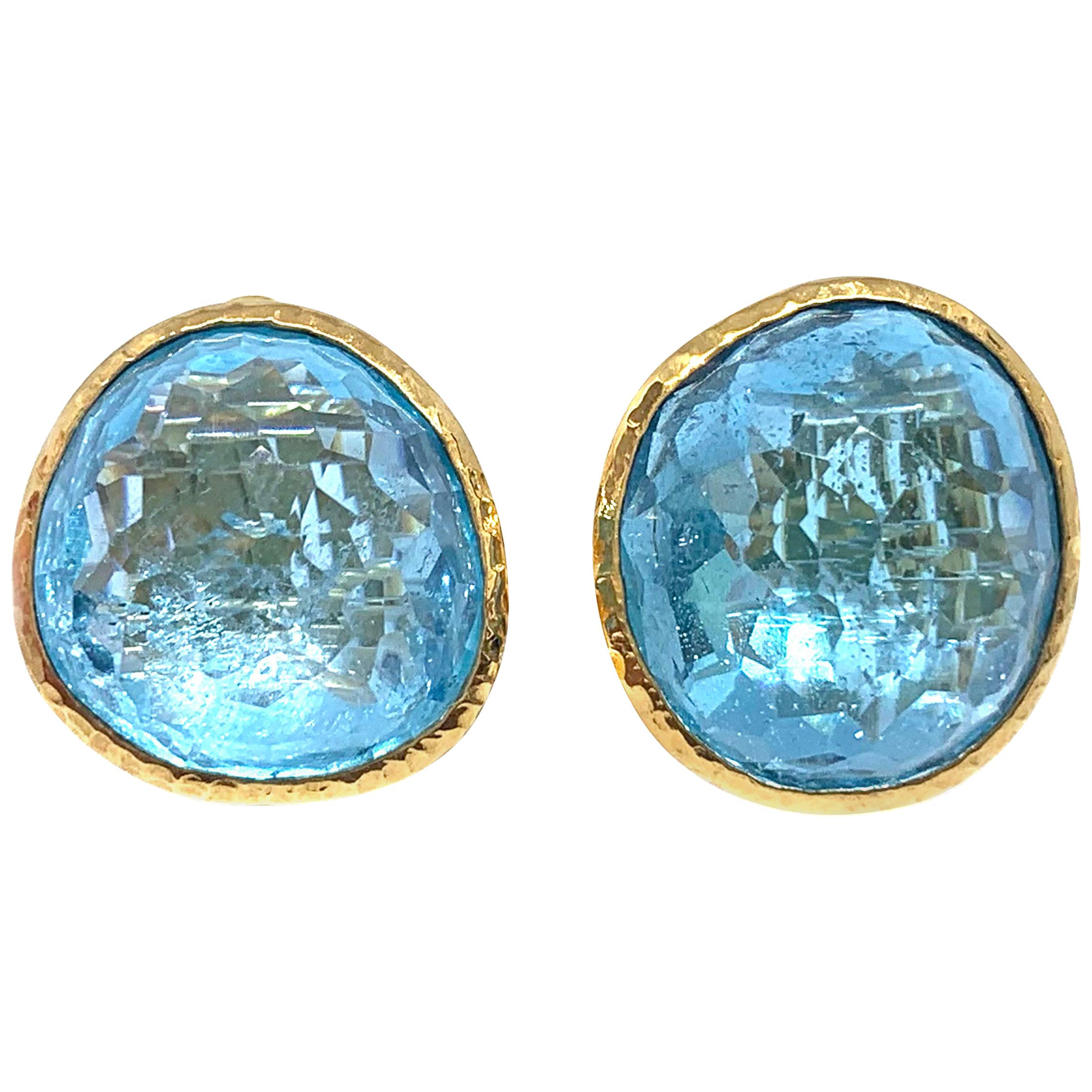 Stunning pair of 63ct Genuine Blue Topaz Button Clip on Vermeil Earrings
