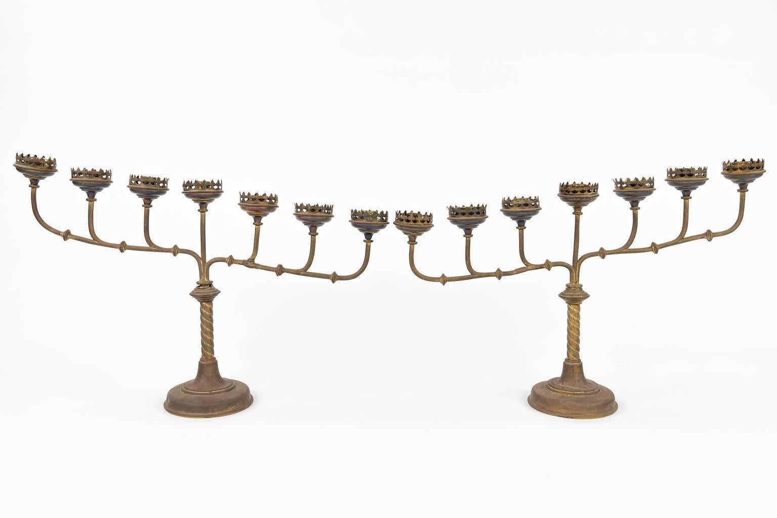 Stunning Pair of 7-candle Gothic Revival Brass Candelabra 

Anonymous
Europe; 19th century
Brass or bronze

Approximate size:  13 (h) x 21 (w) x 4 (d) in.

This pair of European brass or bronze candelabra make a statement in any European styled