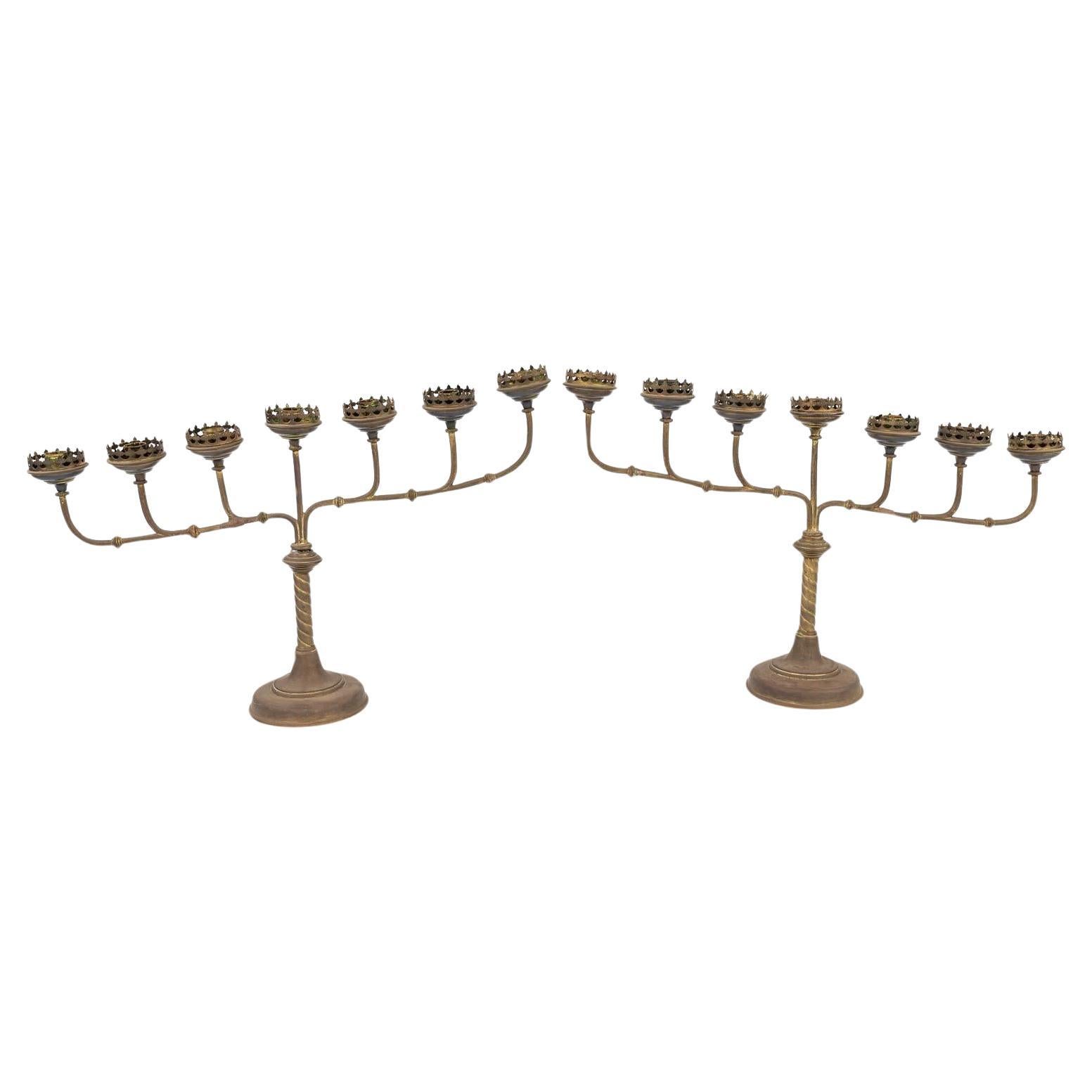 Stunning Pair of 7-candle Gothic Revival Brass Candelabra  For Sale