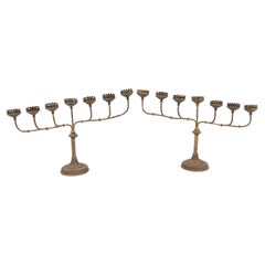 Stunning Pair of 7-candle Gothic Revival Brass Candelabra