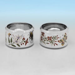Stunning pair of aesthetic antique sterling silver and enamel napkin rings 1880