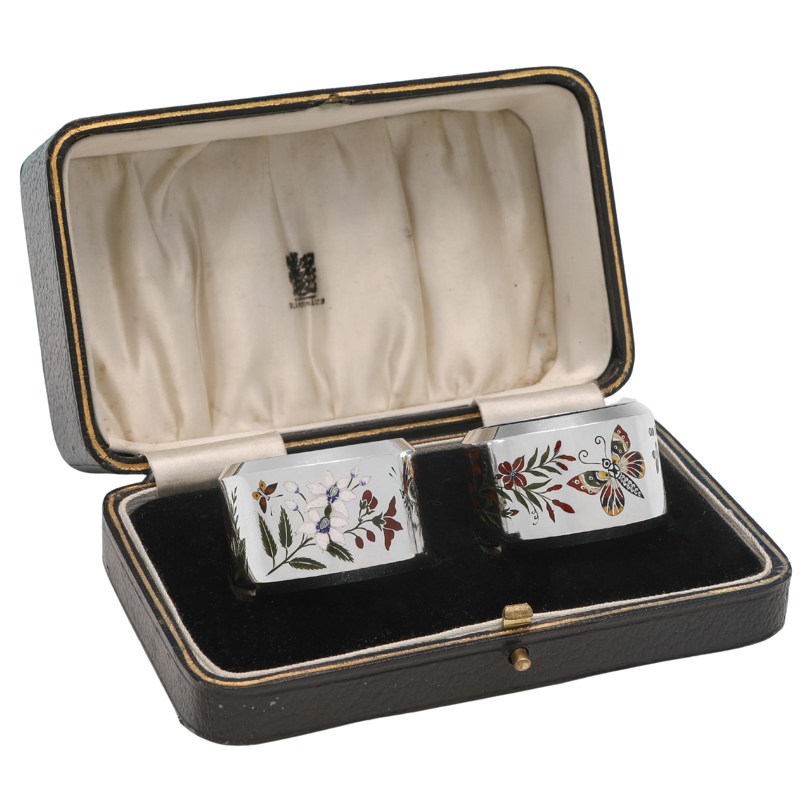 Stunning pair of aesthetic antique sterling silver and enamel napkin rings 1880