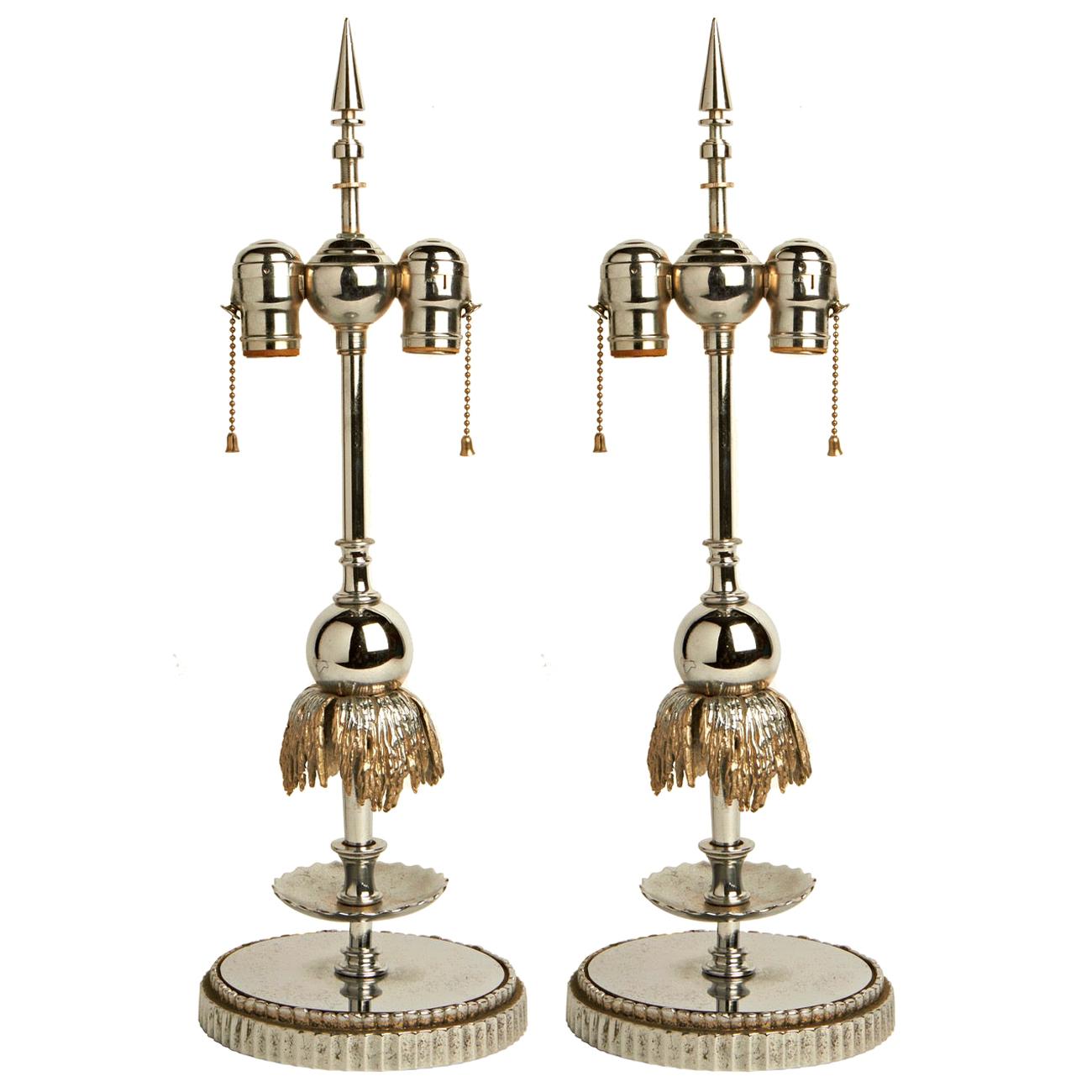 Stunning Pair of American Art Deco Chrome and Nickel Fountain Lamp Bases For Sale