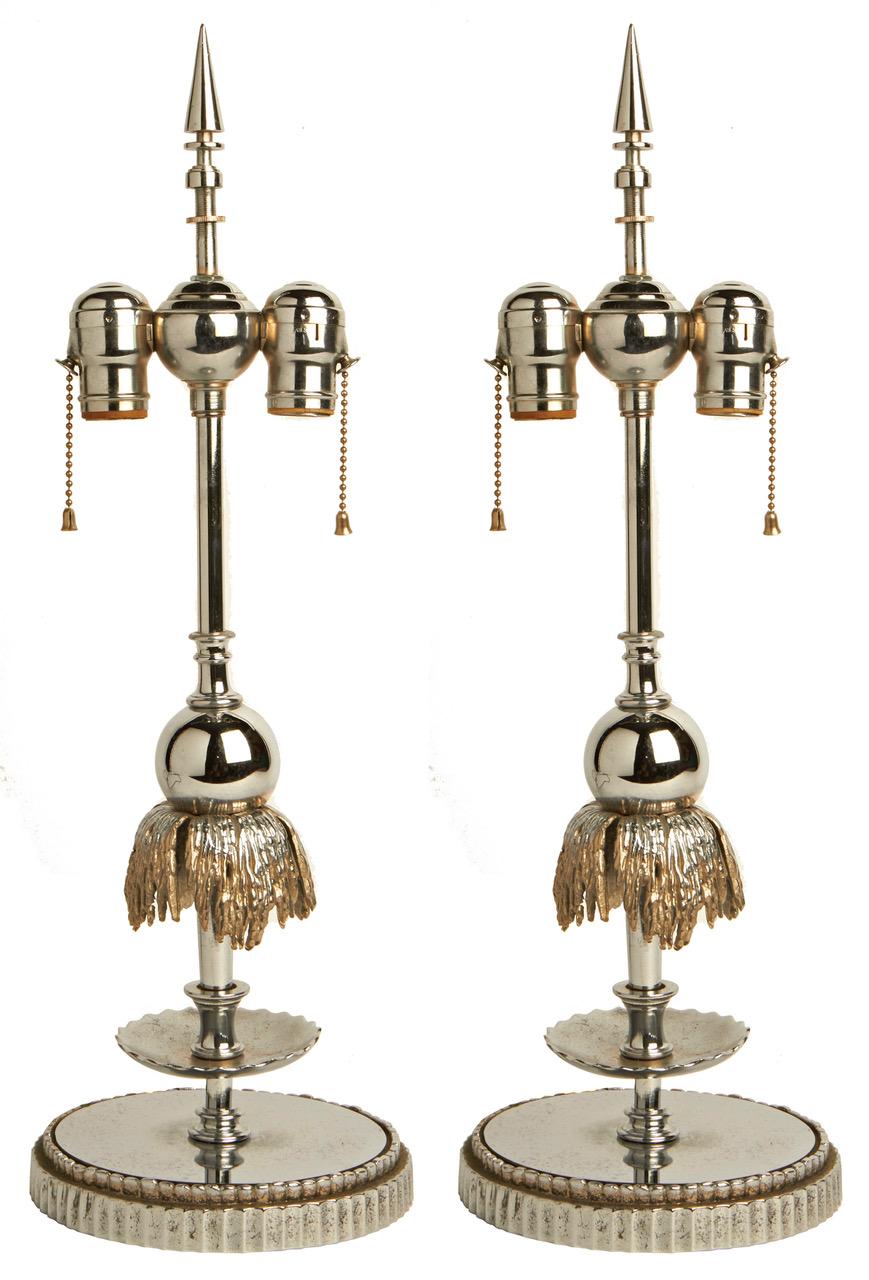 Plated Stunning Pair of American Art Deco Chrome and Nickel Fountain Lamp Bases For Sale