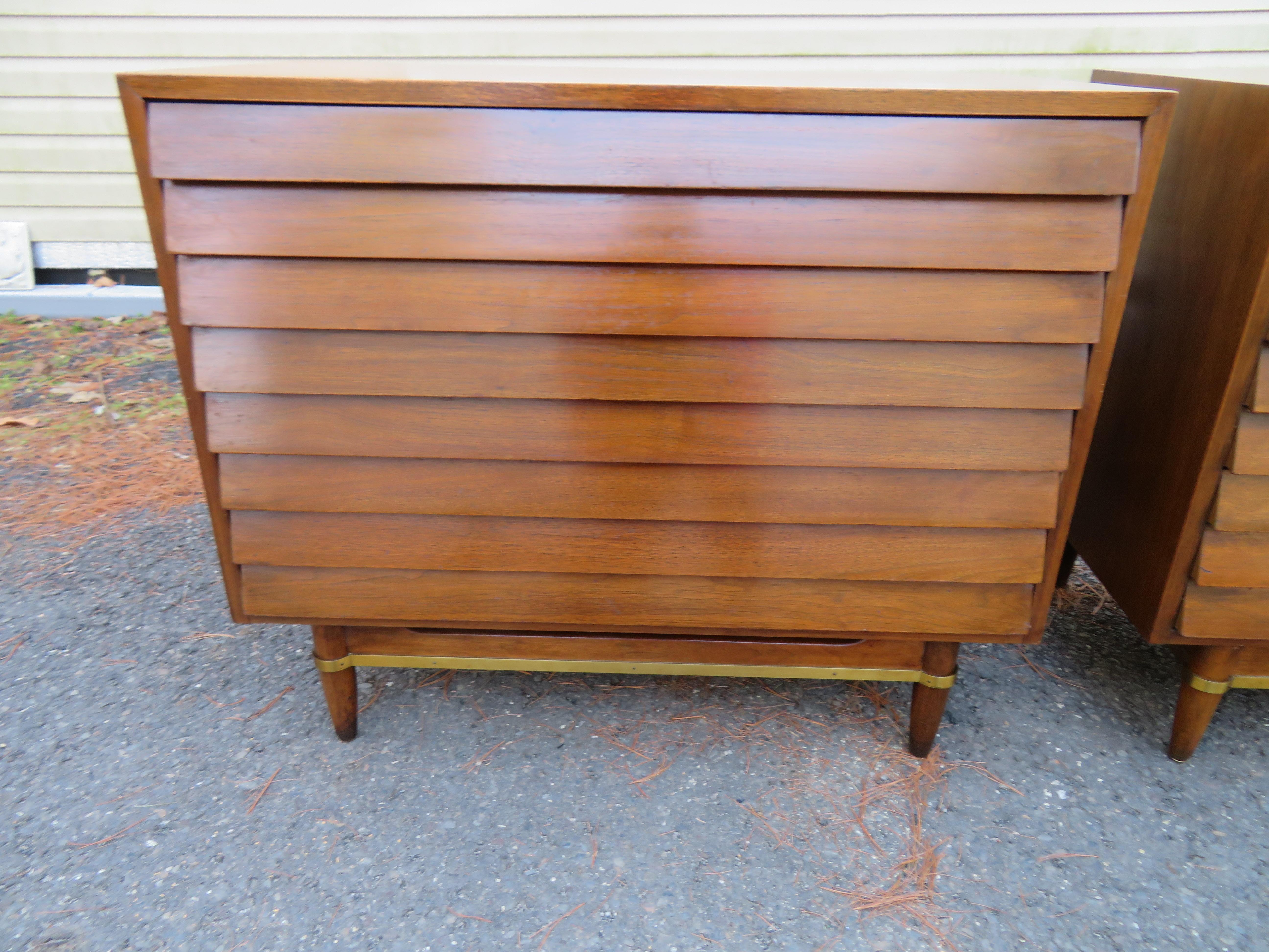 Mid-Century Modern Stunning Pair of American of Martinsville Walnut Brass Louvered Bachelors Chests For Sale