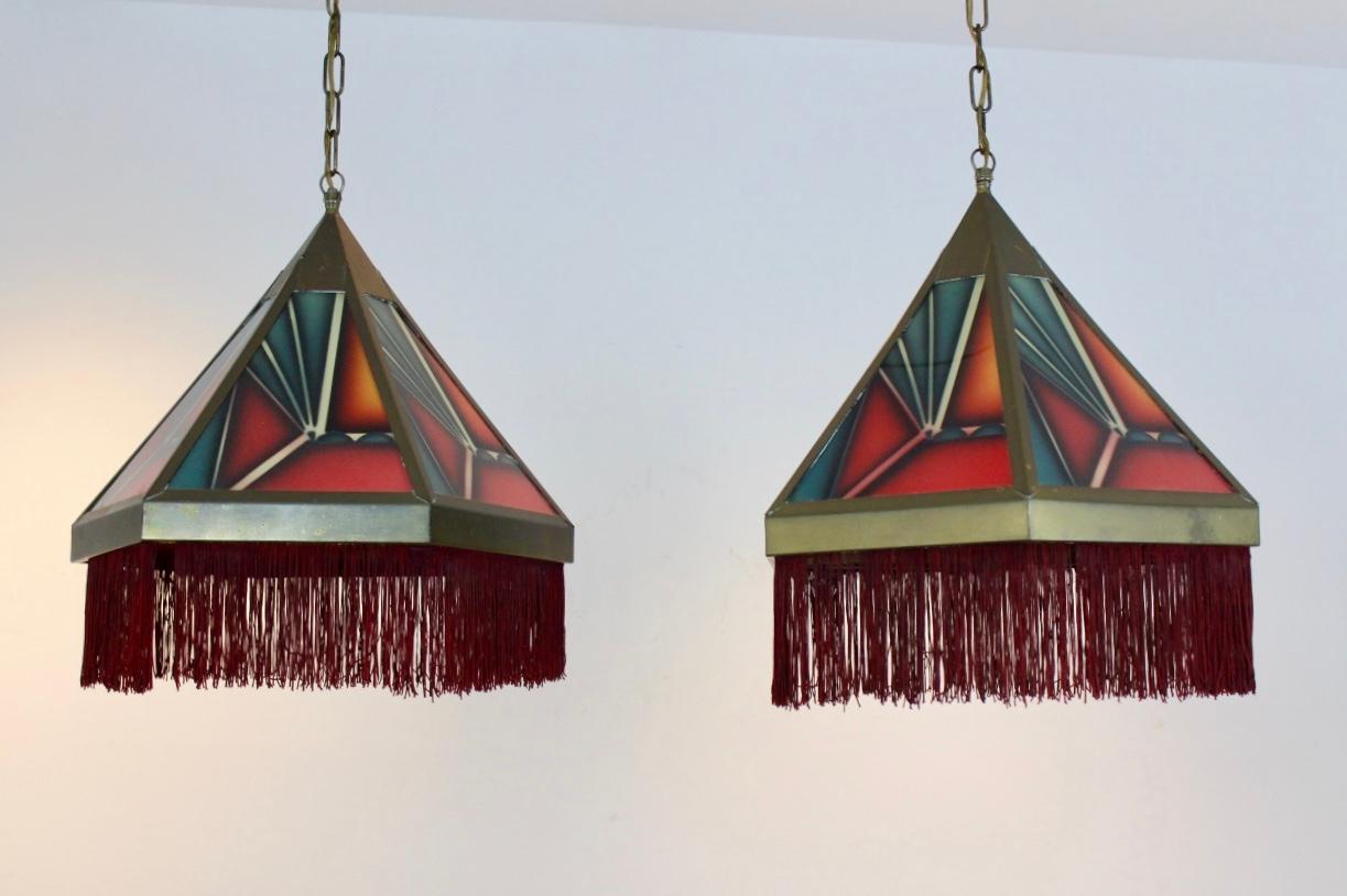 Stunning Pair of Amsterdamse School Stained Glass Art Deco Pedant Lights 1