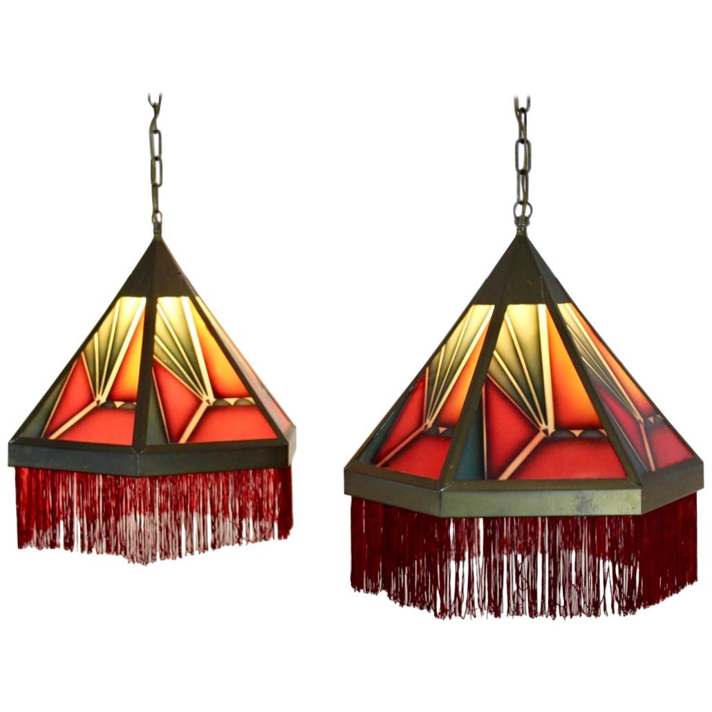 Stunning Pair of Amsterdamse School Stained Glass Art Deco Pedant Lights