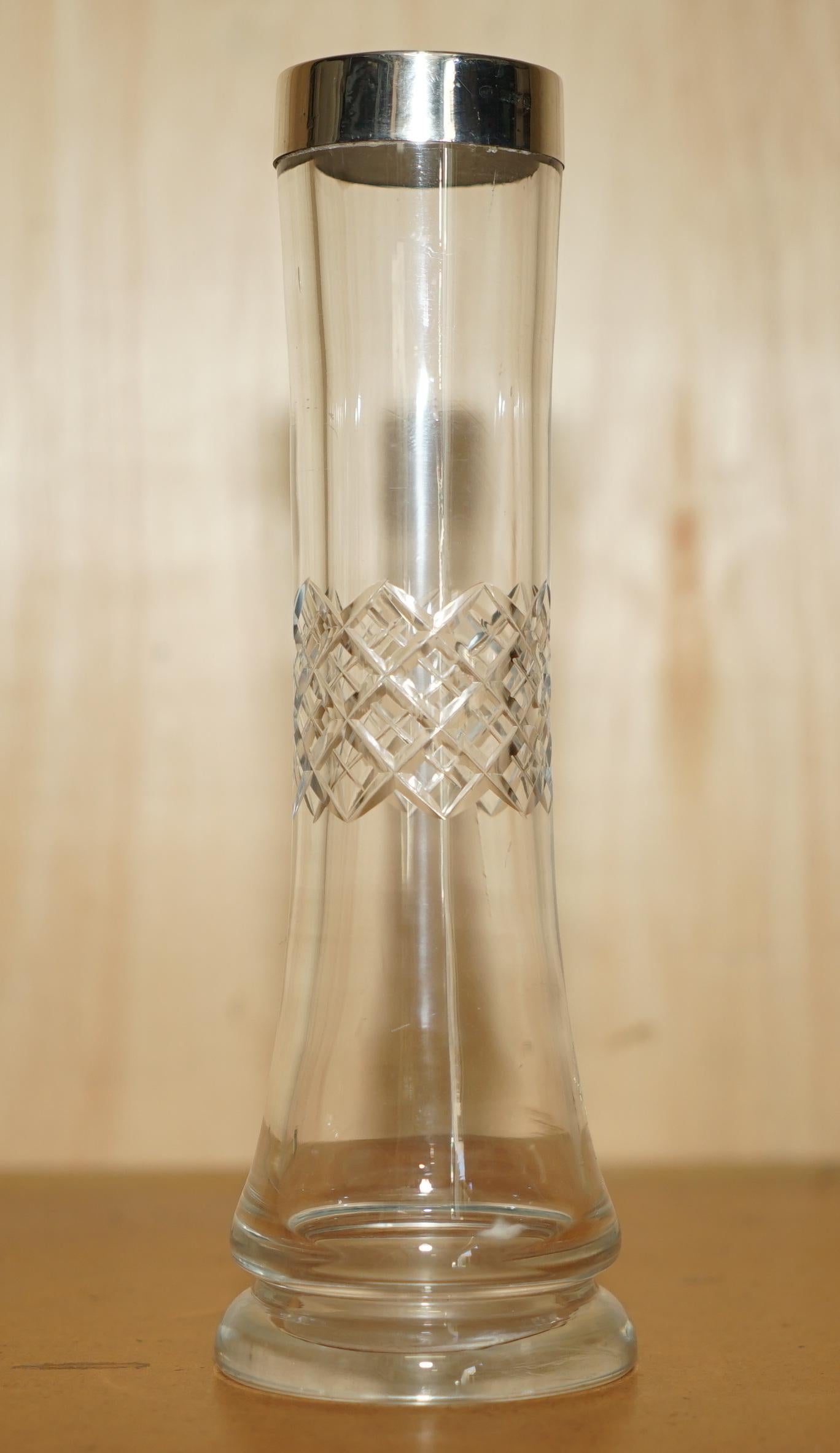 Edwardian STUNNING PAIR OF ANTIQUE 1908 CUT GLASS CRYSTAL STERLING SILVER PLANT VASEs For Sale