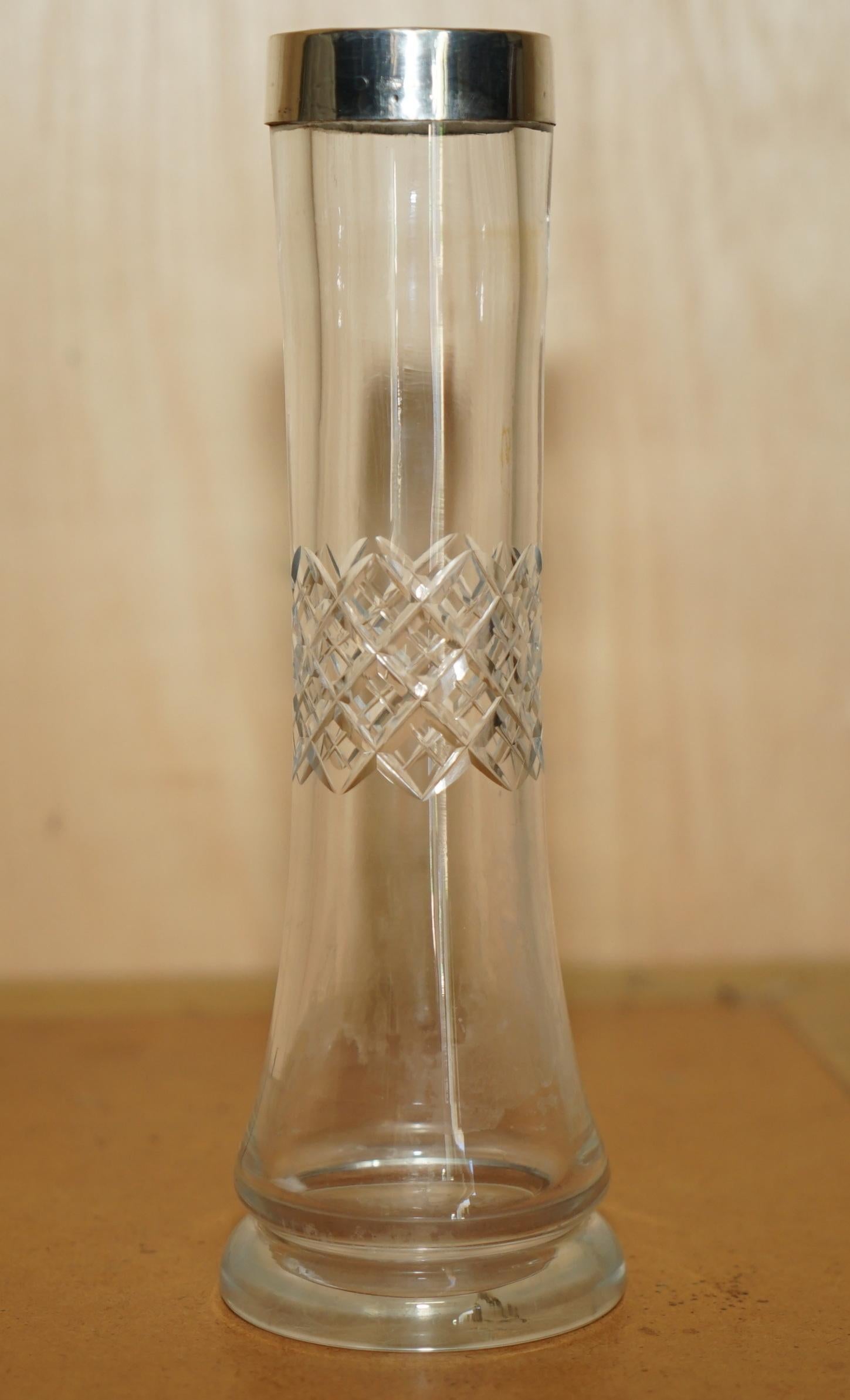 Glass STUNNING PAIR OF ANTIQUE 1908 CUT GLASS CRYSTAL STERLING SILVER PLANT VASEs For Sale