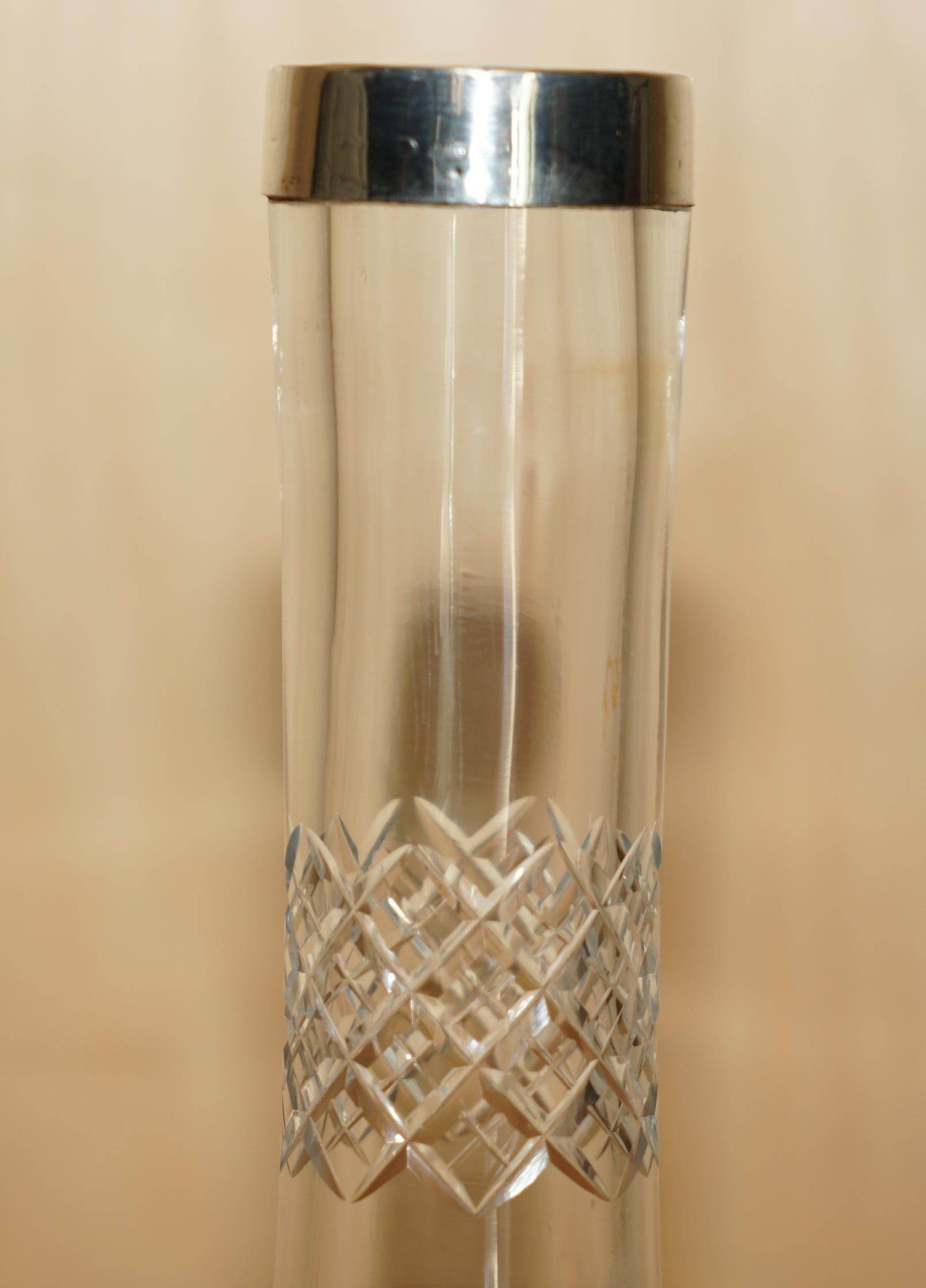 STUNNING PAIR OF ANTIQUE 1908 CUT GLASS CRYSTAL STERLING SILVER PLANT VASEs For Sale 1