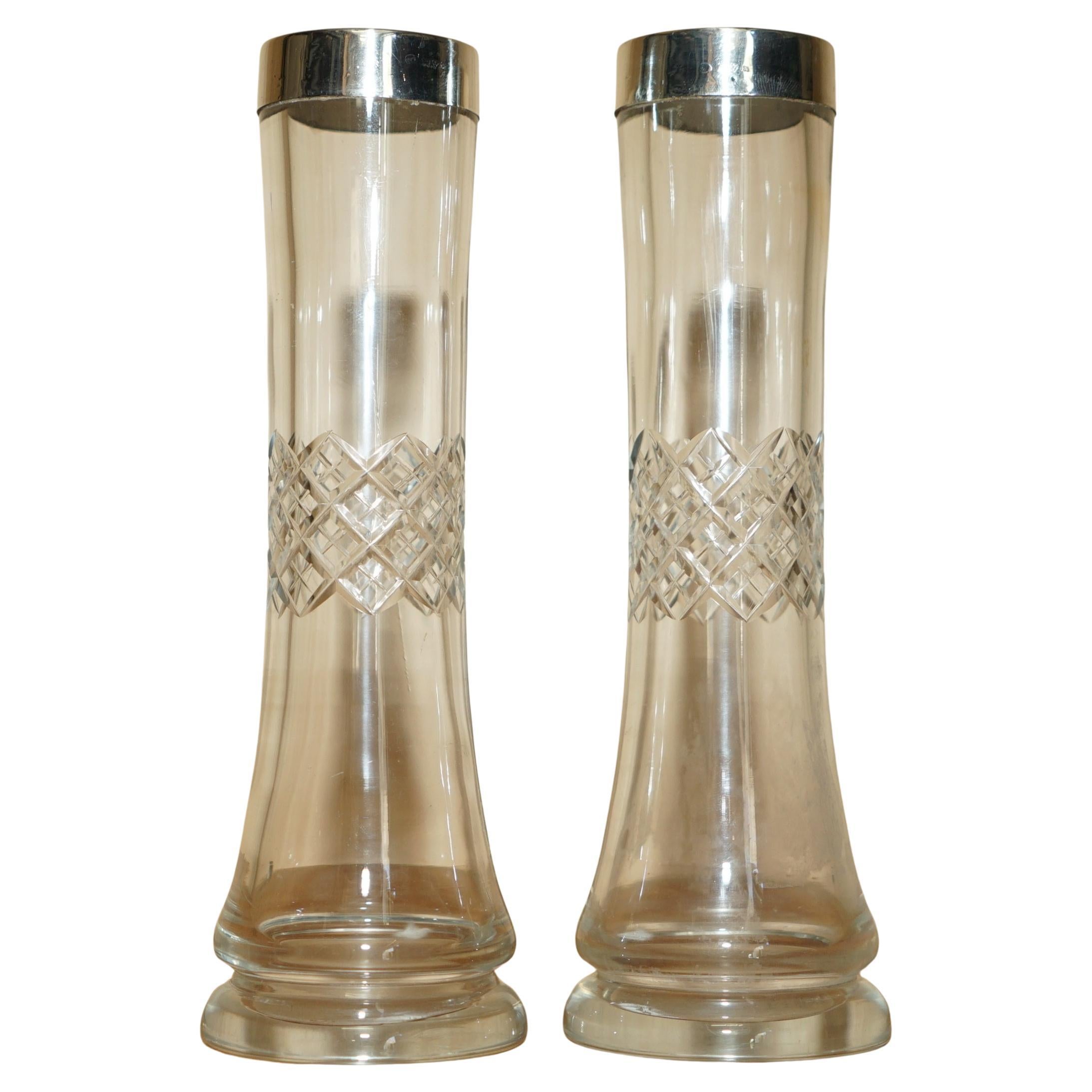 STUNNING PAIR OF ANTIQUE 1908 CUT GLASS CRYSTAL STERLING SILVER PLANT VASEs For Sale