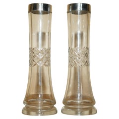 STUNNING PAIR OF ANTIQUE 1908 CUT GLASS CRYSTAL STERLING SILVER PLANT VASEs