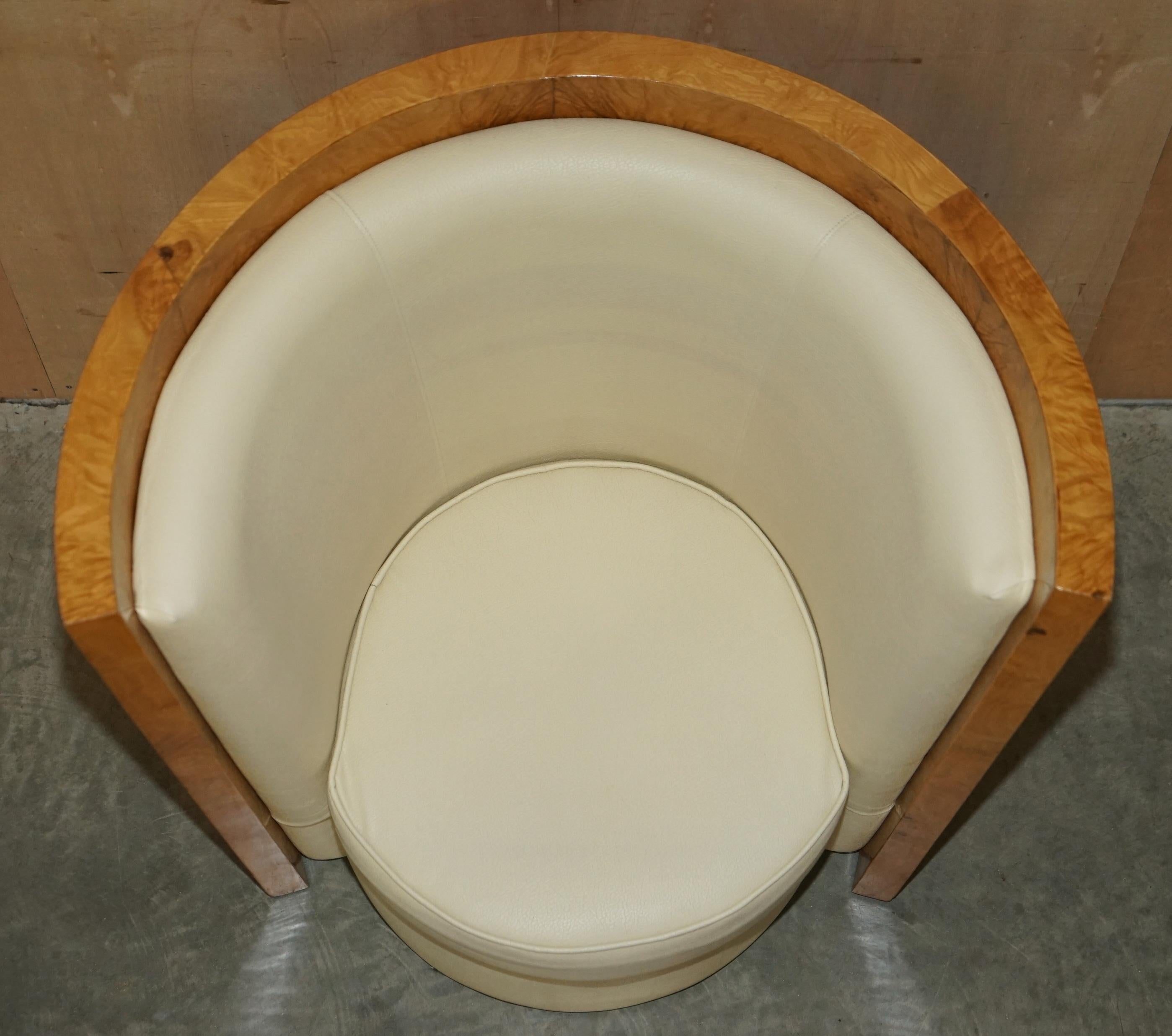 Stunning Pair of Antique Art Deco Burr Walnut Cream Leather Tub Armchairs For Sale 8