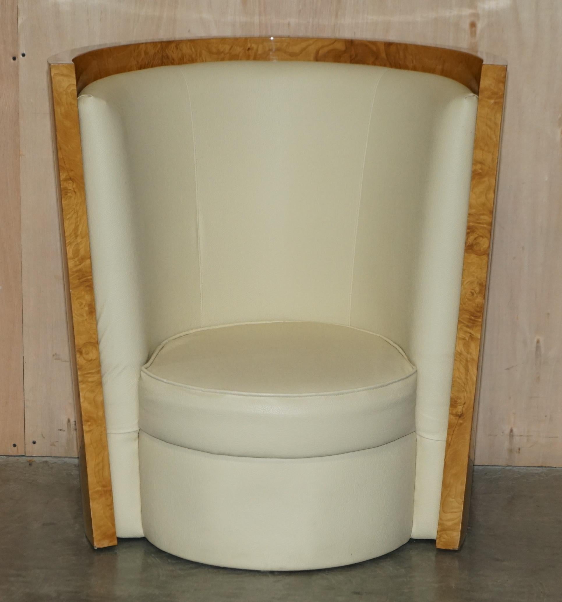 Stunning Pair of Antique Art Deco Burr Walnut Cream Leather Tub Armchairs For Sale 13