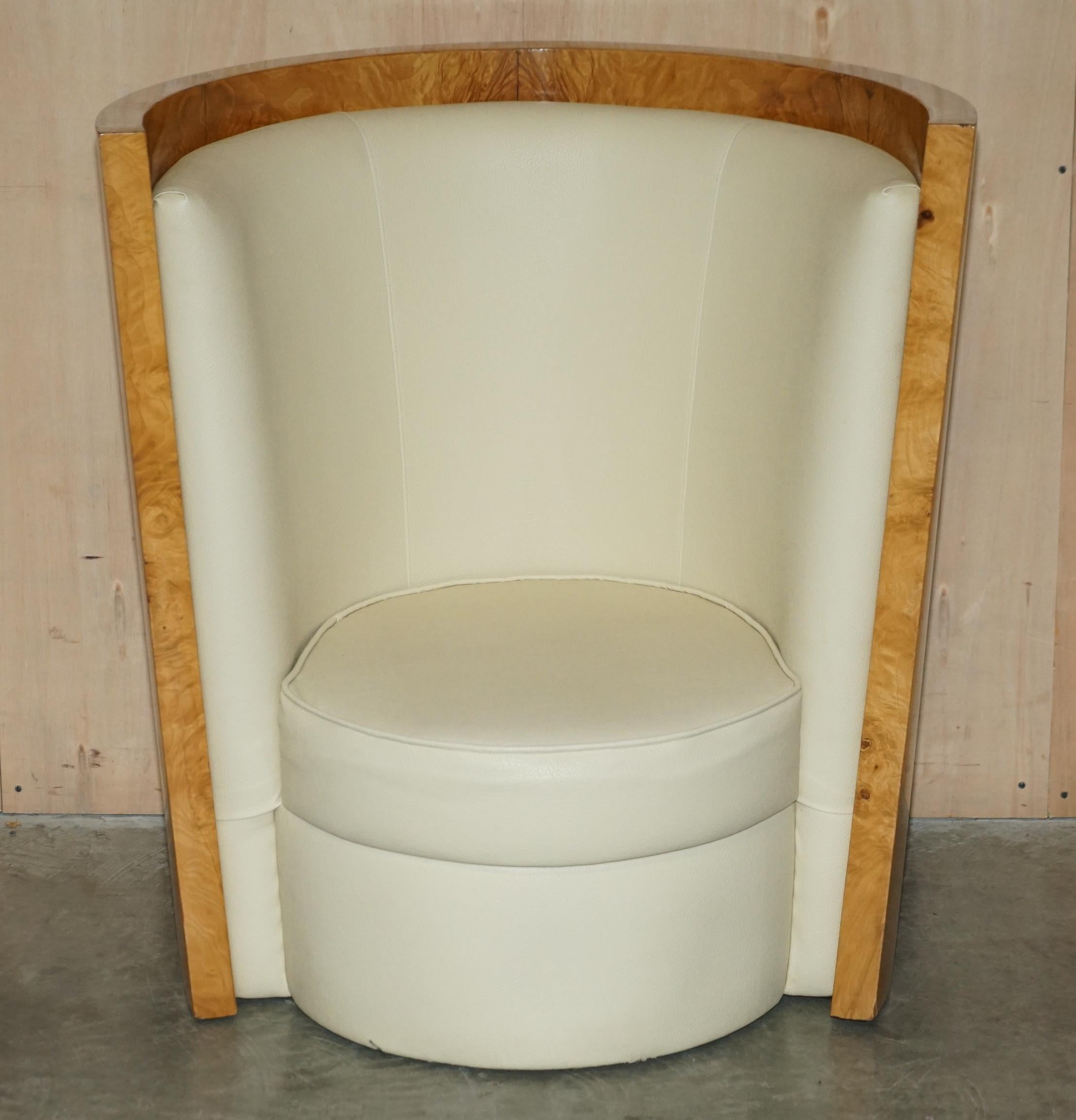 English Stunning Pair of Antique Art Deco Burr Walnut Cream Leather Tub Armchairs For Sale