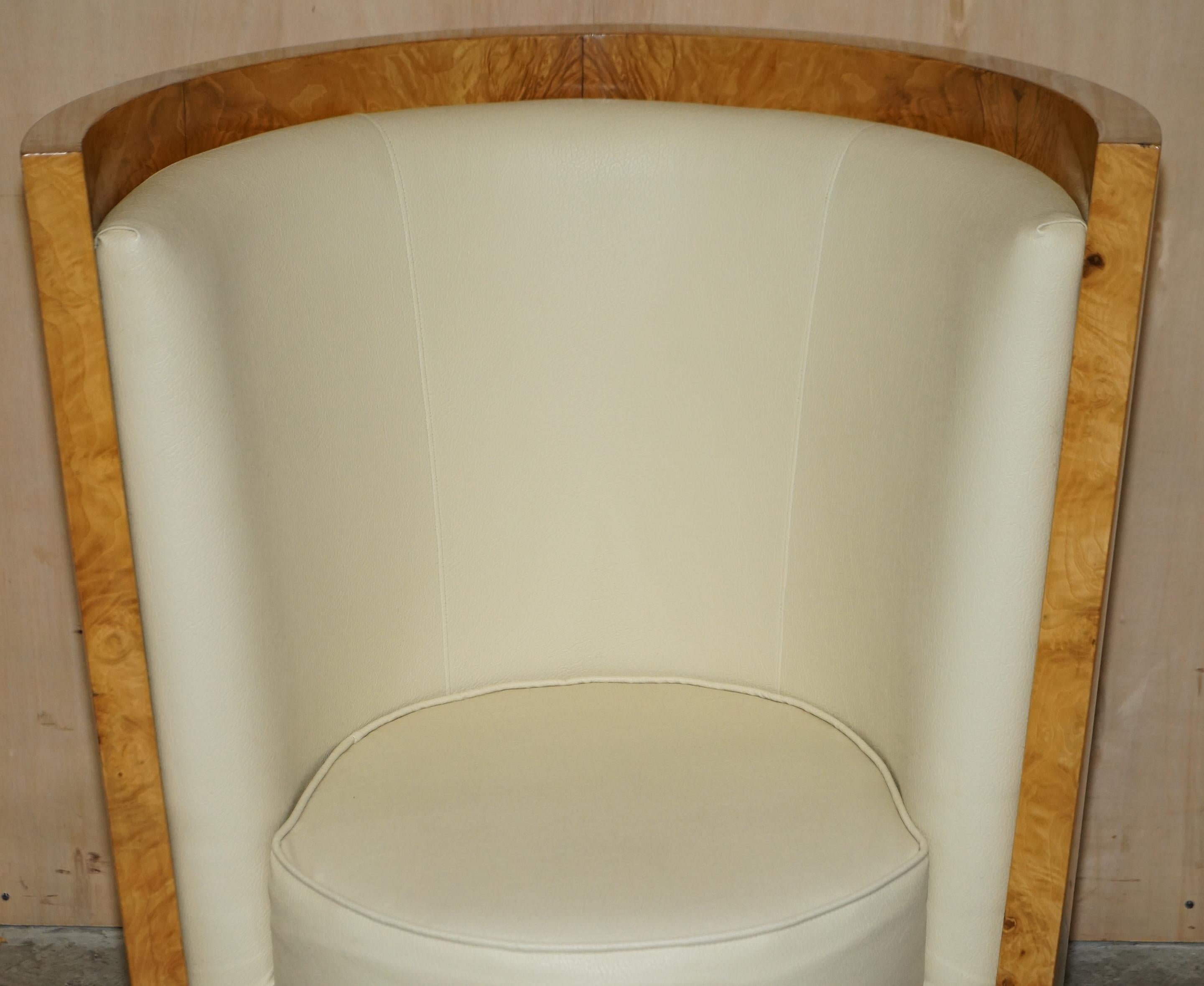 Hand-Crafted Stunning Pair of Antique Art Deco Burr Walnut Cream Leather Tub Armchairs For Sale