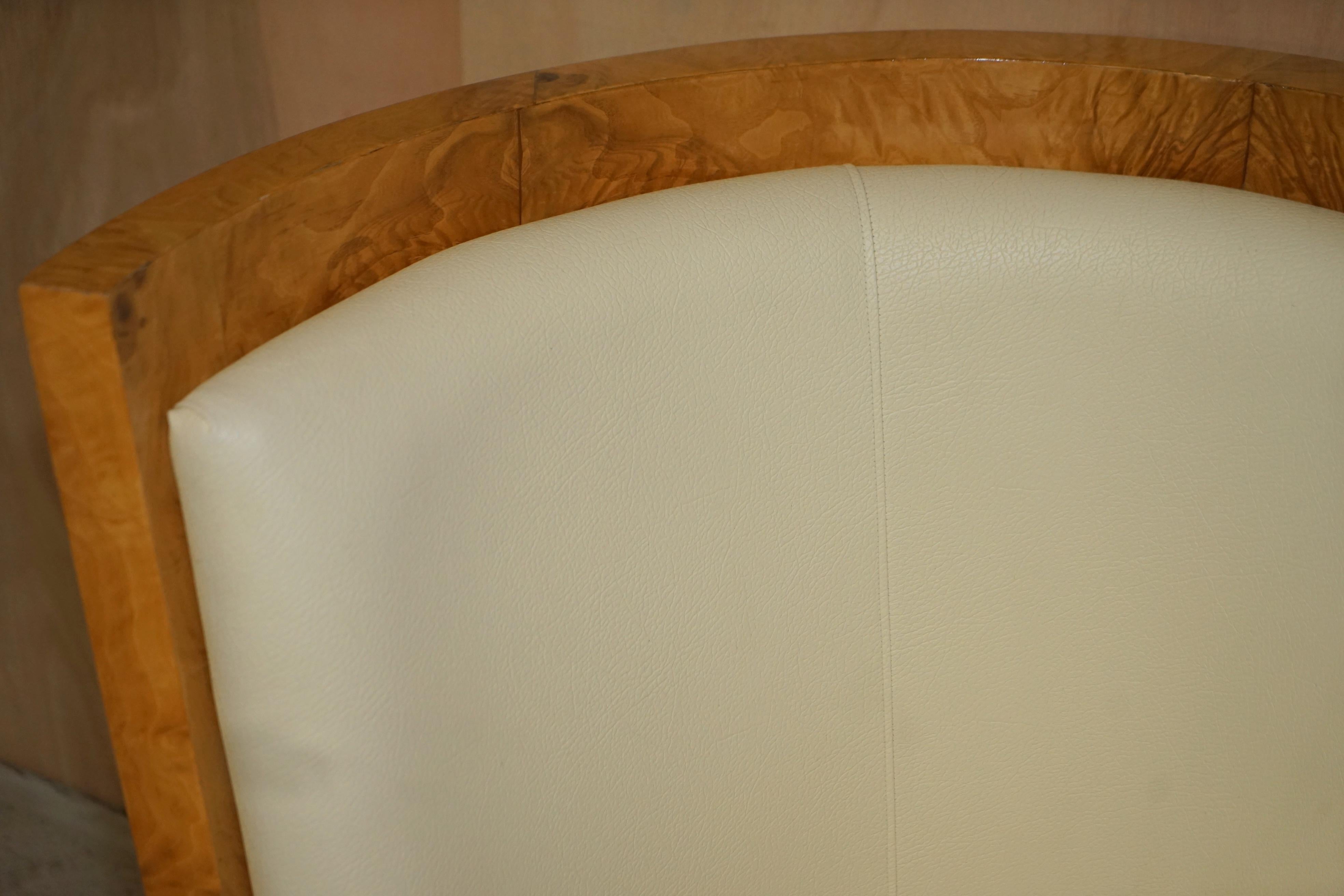 Stunning Pair of Antique Art Deco Burr Walnut Cream Leather Tub Armchairs For Sale 3