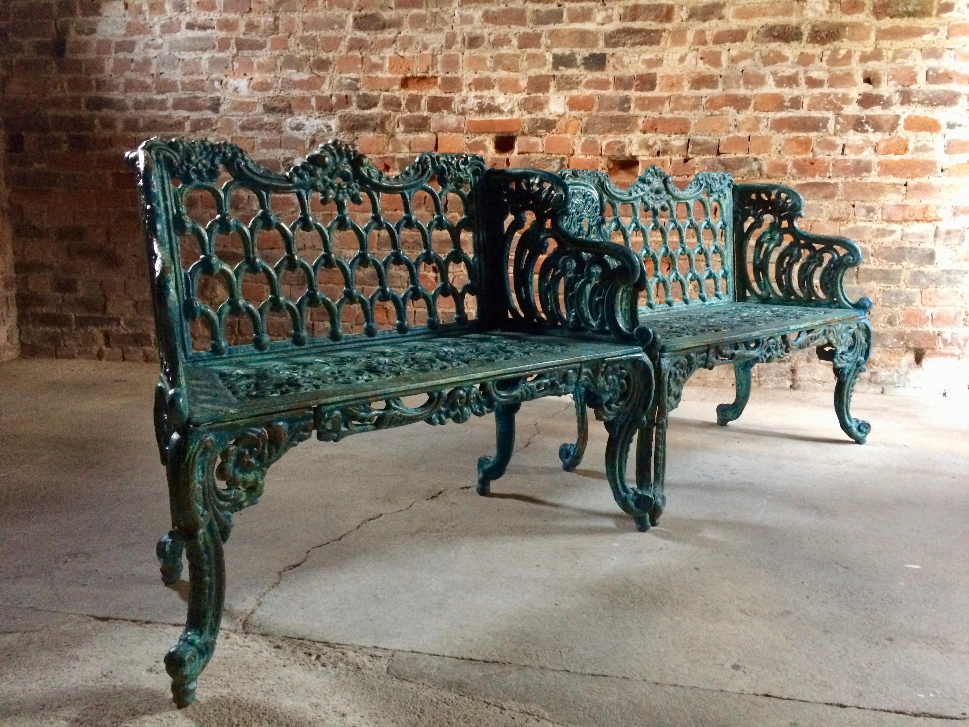 Stunning Pair of Antique Cast Iron Garden Benches Coalbrookdale Style 1