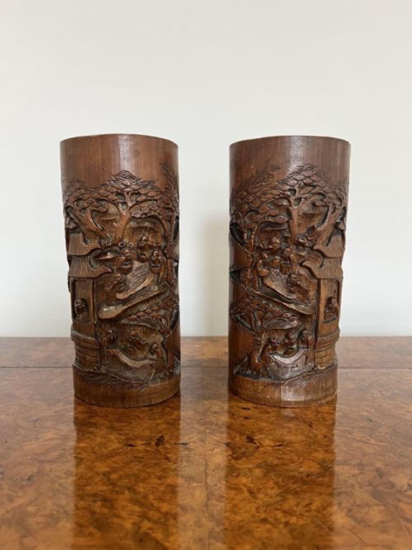 Stunning pair of antique Chinese quality carved bamboo brush pots In Good Condition For Sale In Ipswich, GB
