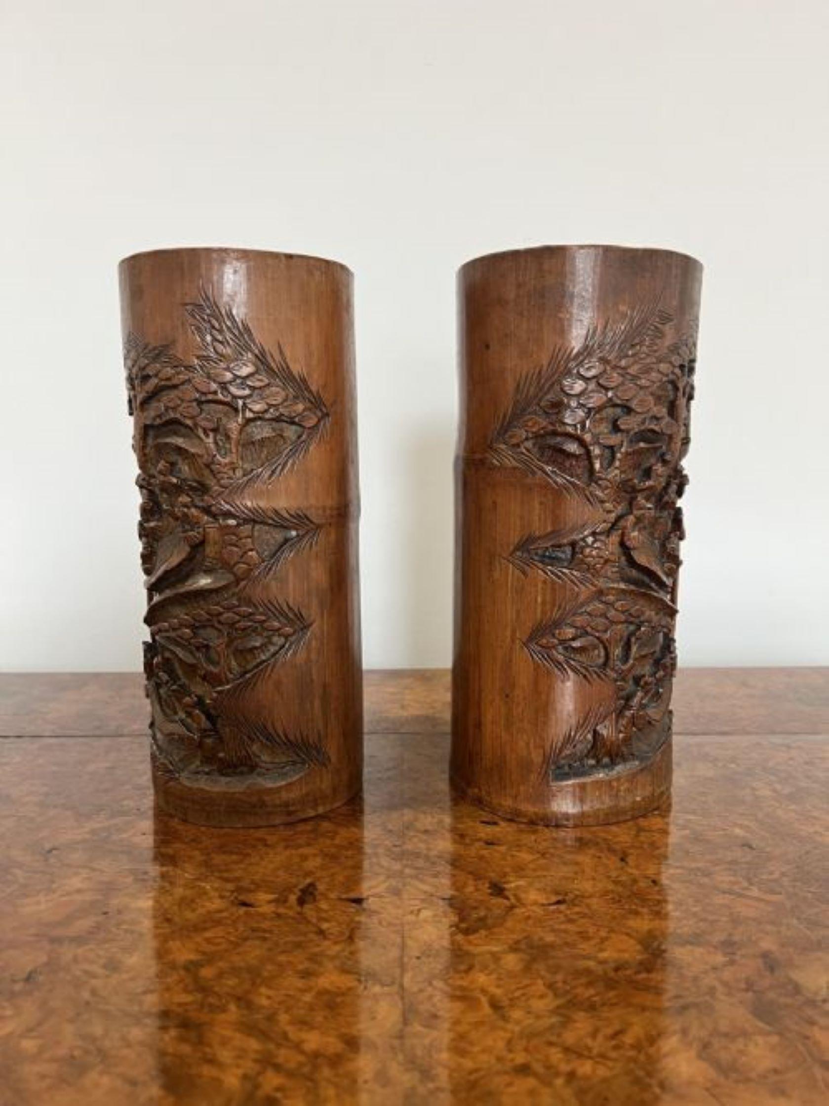 Bamboo Stunning pair of antique Chinese quality carved bamboo brush pots For Sale