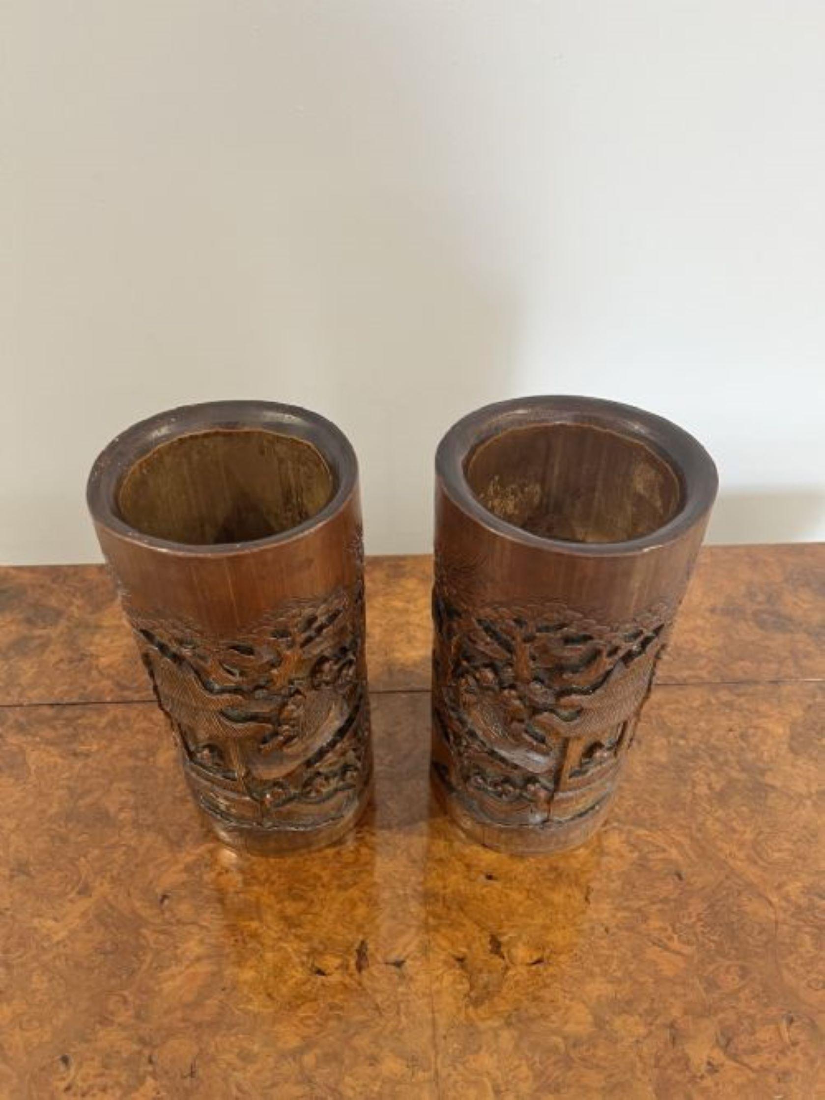 Stunning pair of antique Chinese quality carved bamboo brush pots For Sale 1