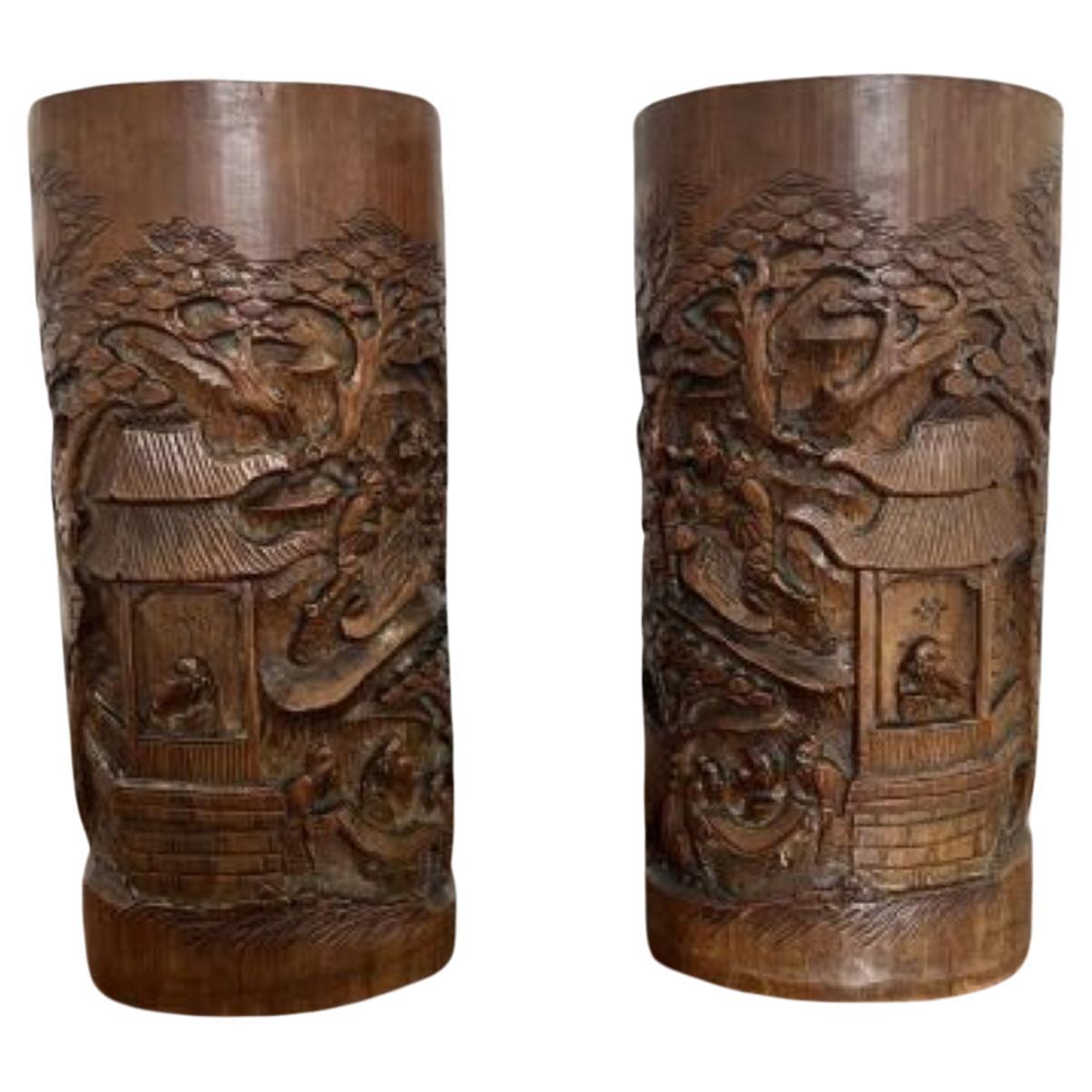 Stunning pair of antique Chinese quality carved bamboo brush pots For Sale