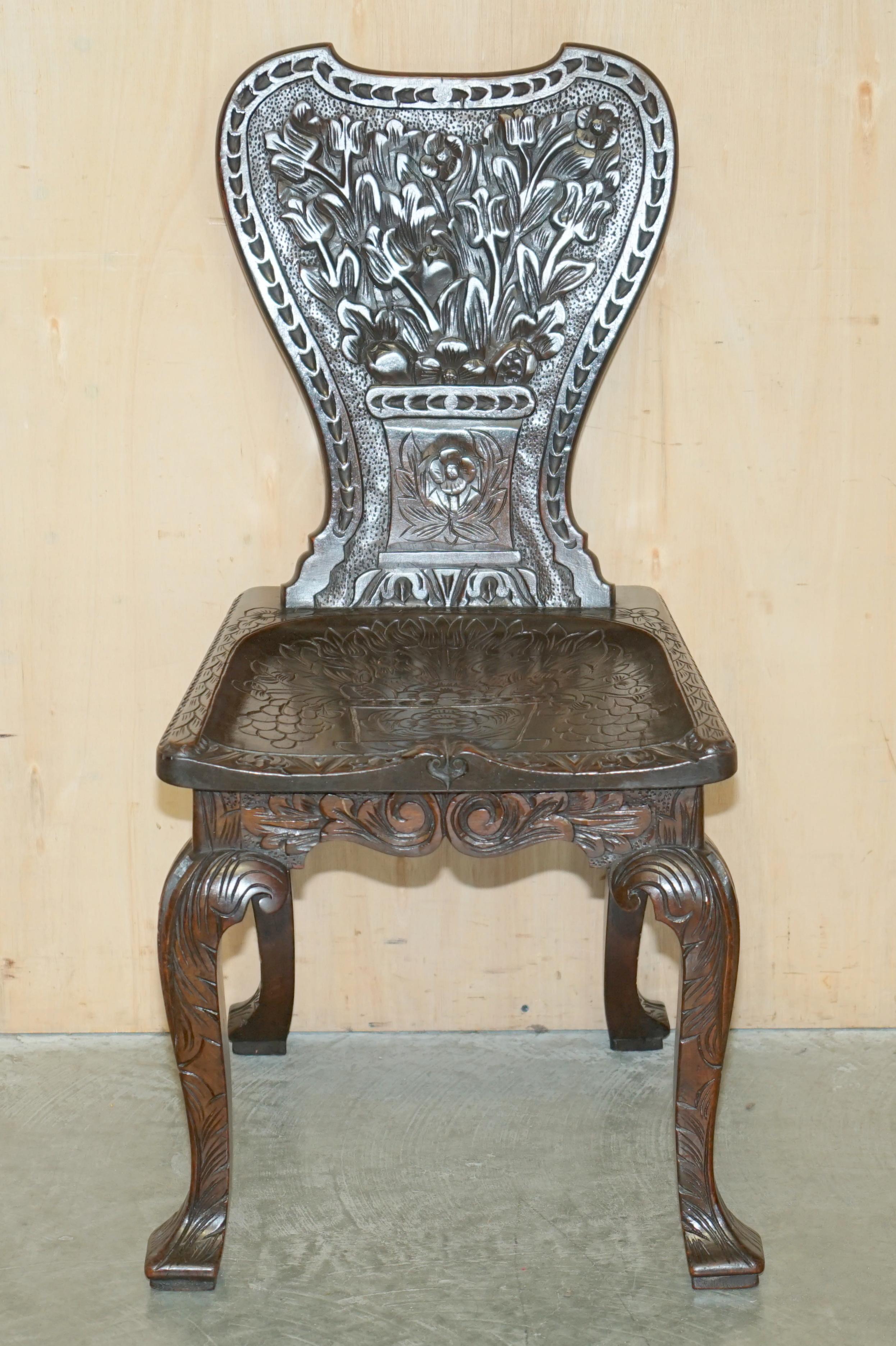 STUNNING PAIR OF ANTIQUE CIRCA 1860 HAND CARVED COLONIAL HALL SIDE CHAIRs For Sale 12