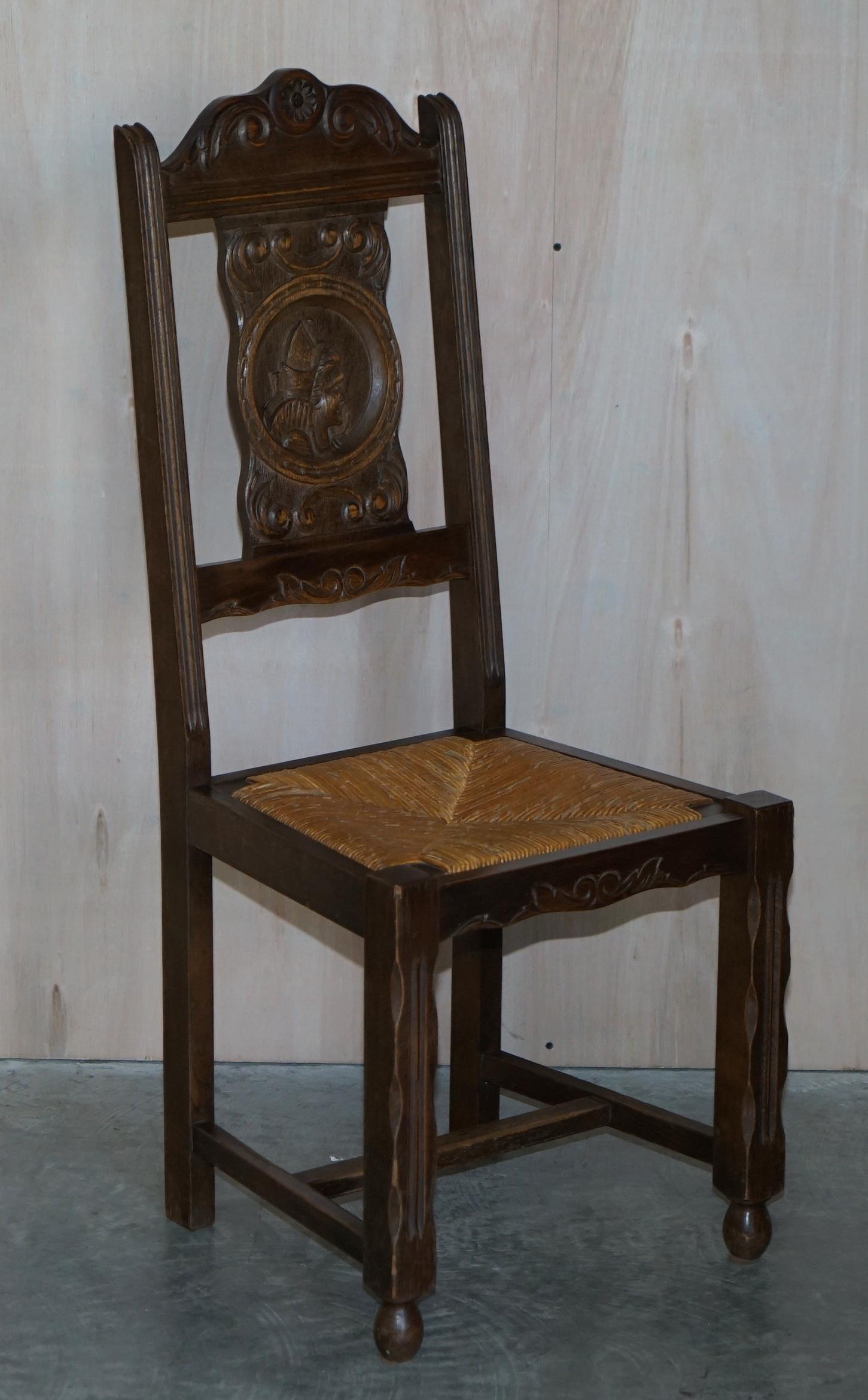Stunning Pair of Antique circa 1920 Rush Seat Hand Carved Oak Brittany Chairs For Sale 6