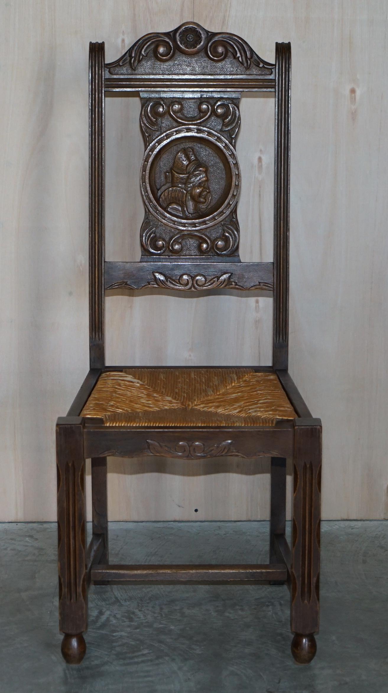 Stunning Pair of Antique circa 1920 Rush Seat Hand Carved Oak Brittany Chairs For Sale 7
