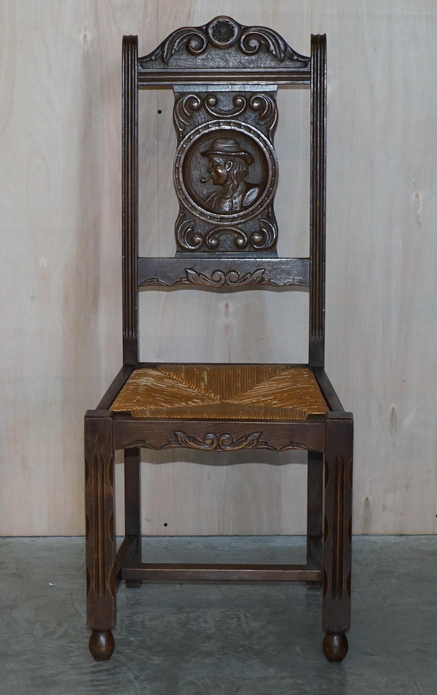 Victorian Stunning Pair of Antique circa 1920 Rush Seat Hand Carved Oak Brittany Chairs For Sale