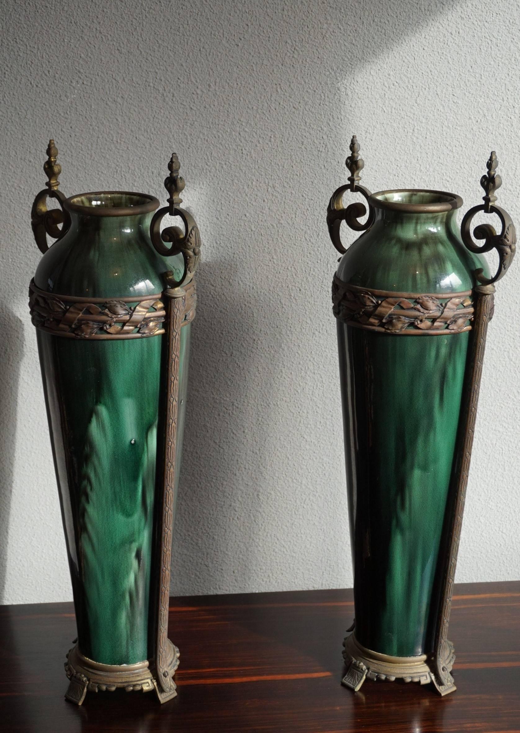 Stunning Pair of Antique French Green Ceramic Vases with Bronze Base & Handles 4