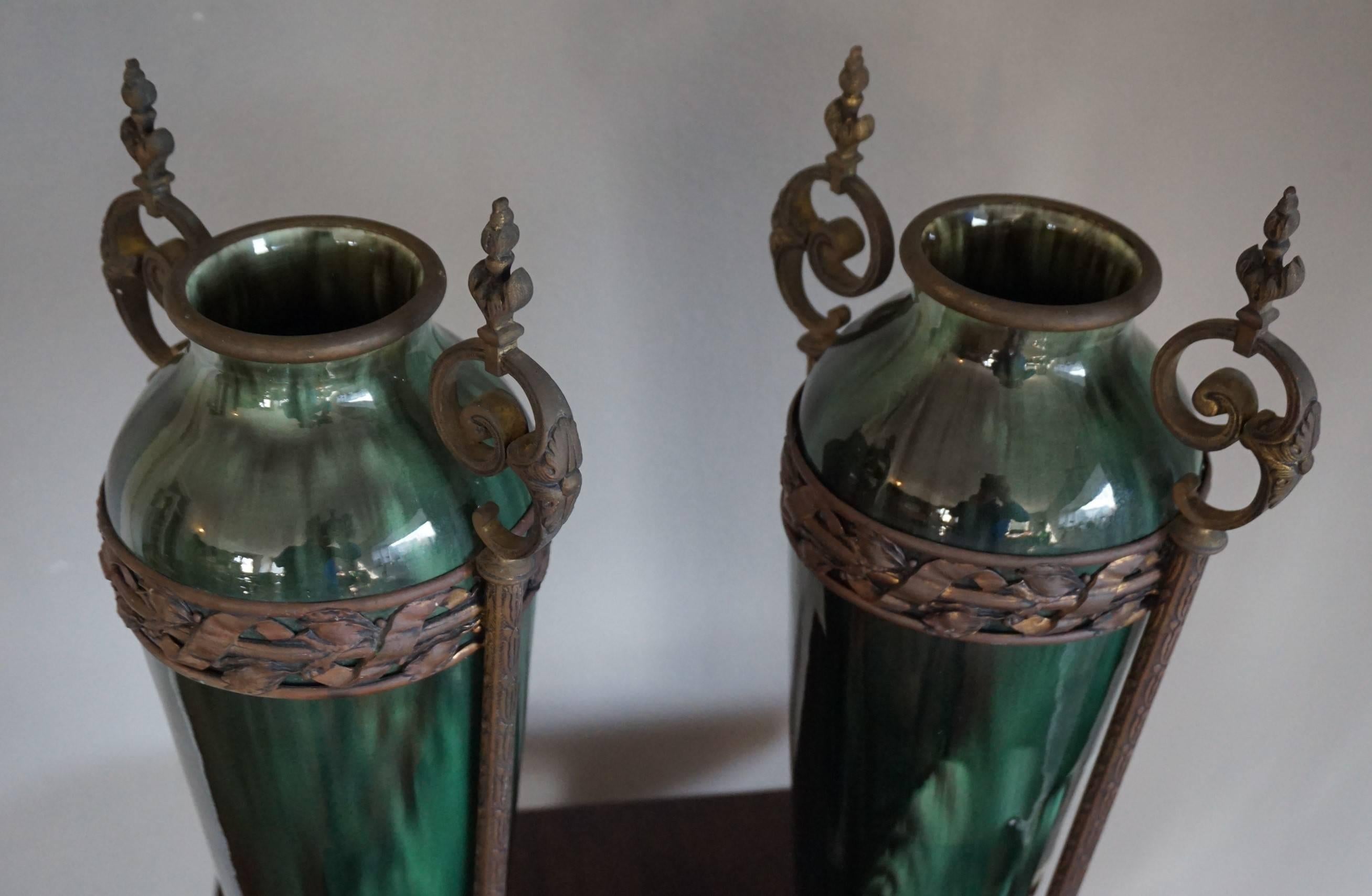 19th Century Stunning Pair of Antique French Green Ceramic Vases with Bronze Base & Handles